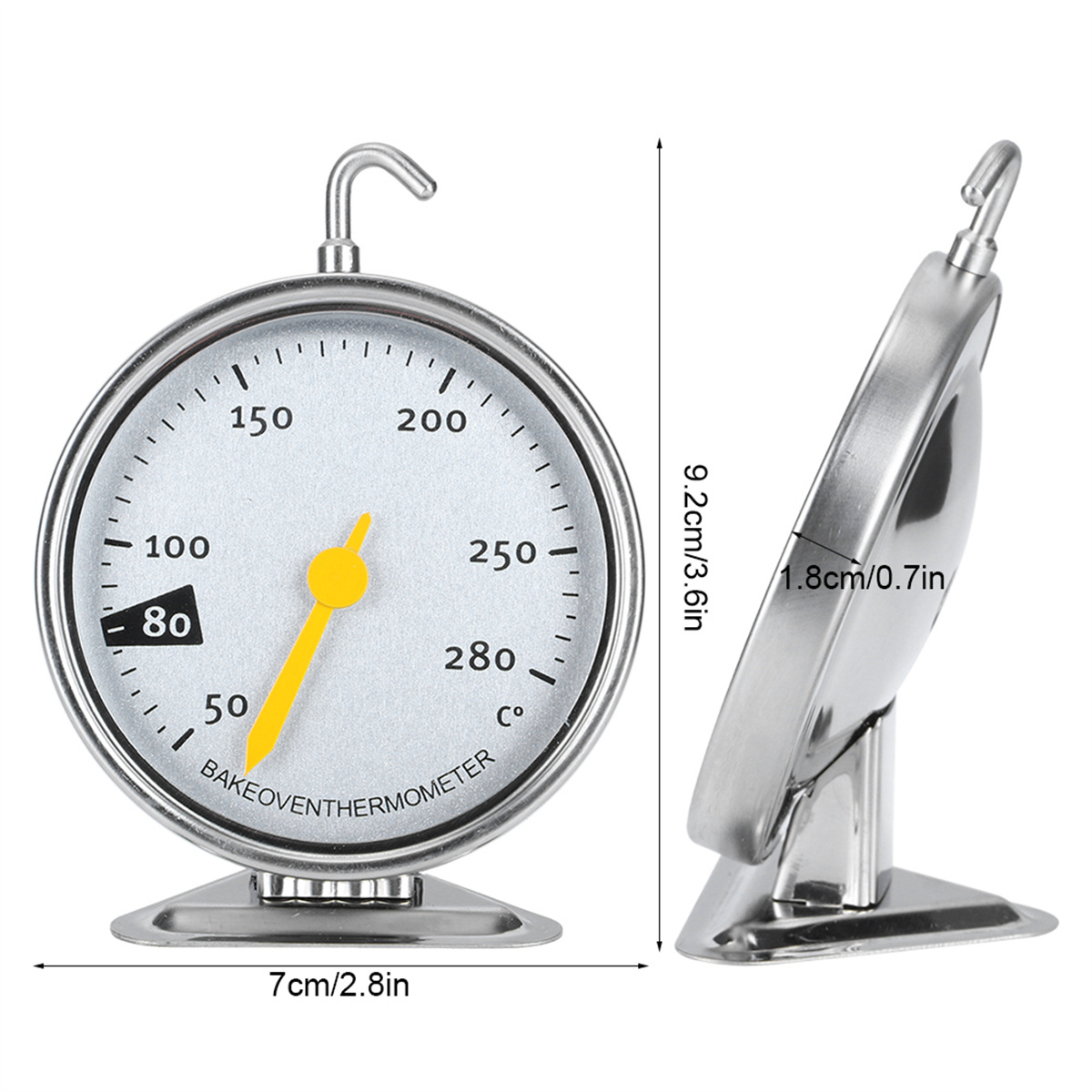 Ein runder Ofenthermometer. Die Skala ist weiß mit gelber Nadel. An der Seite sind Abmessungen angegeben.