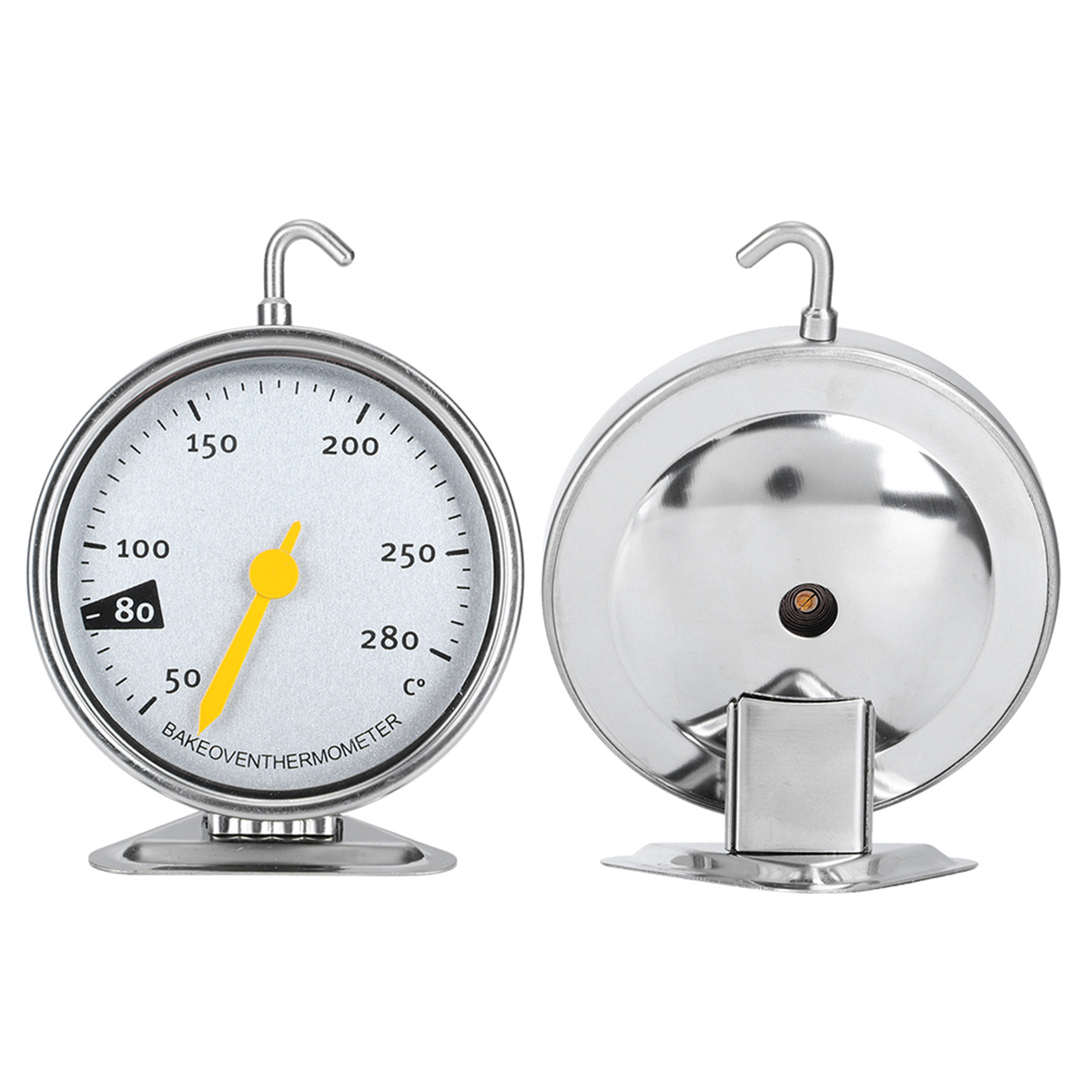 Backofenthermometer, zwei Ansichten, silberfarben mit gelbem Indikator.