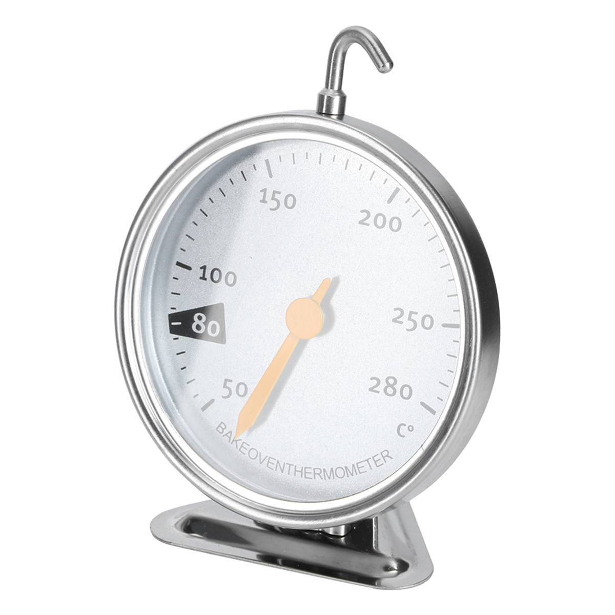 Silbernes Ofenthermometer mit Zifferblatt, Zeiger und Sockel auf weißer Oberfläche.