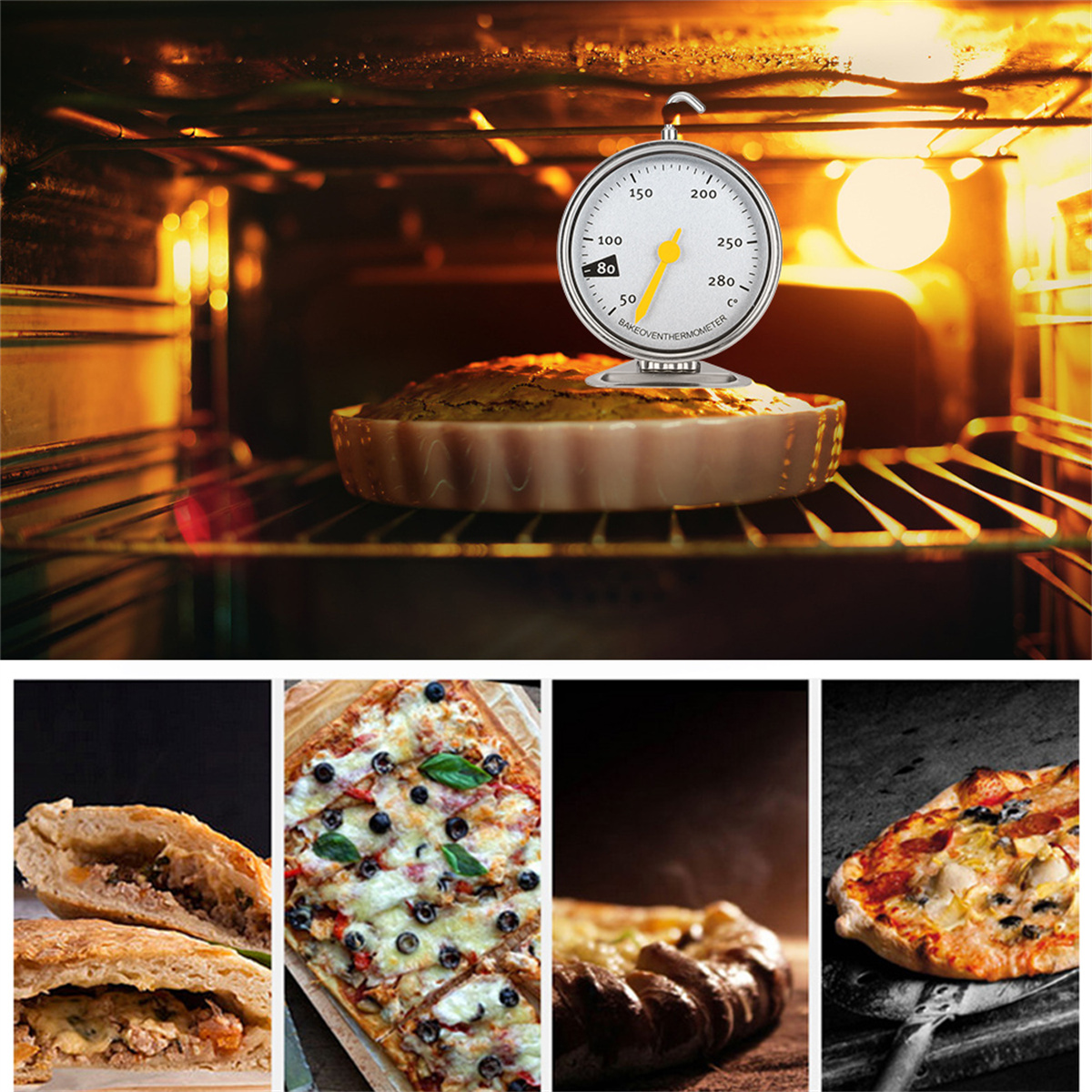 Ein Ofen mit Kuchen, ein Thermometer zeigt 80. Darunter werden vier Pizzen angezeigt.
