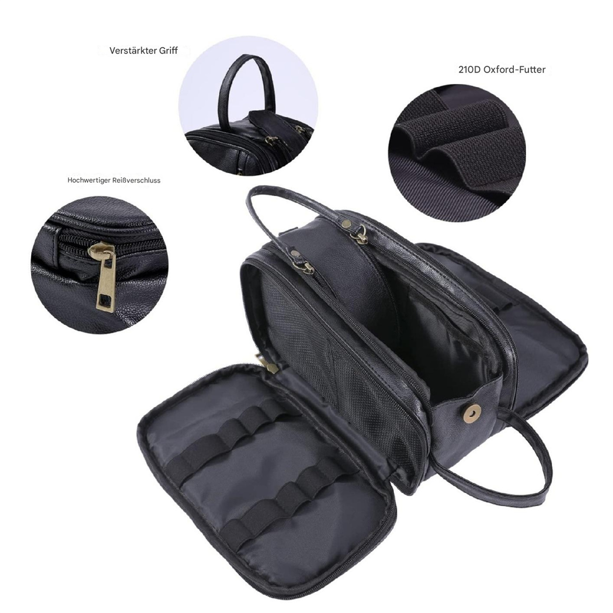 Eine schwarze Reisetasche aus Leder, geöffnet, um das Innere und einen Griff zu zeigen.