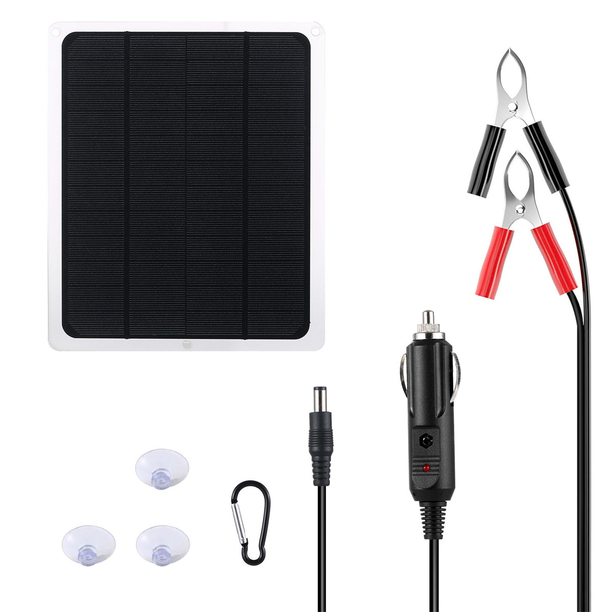 Ein Solarpanel mit Klemmen, einem Auto-Adapter und Saugnäpfen. Schwarze und rote Kabel sind sichtbar.