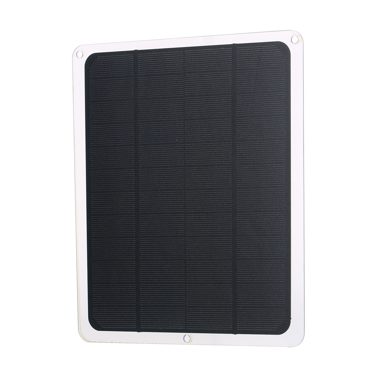Ein schwarzes Solarpanel mit weißem Rahmen. Das Panel ist rechteckig und hat Linien quer darüber.