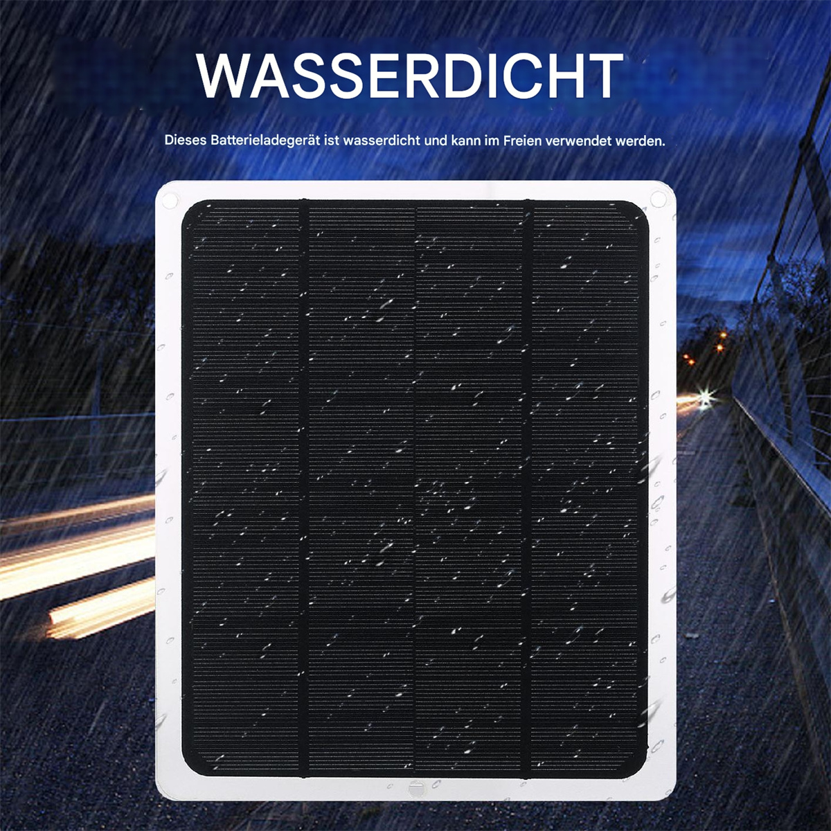 Schwarz-weiß wasserdichtes Solarpanel. Es regnet. Text: wasserdicht, für den Außenbereich geeignet.