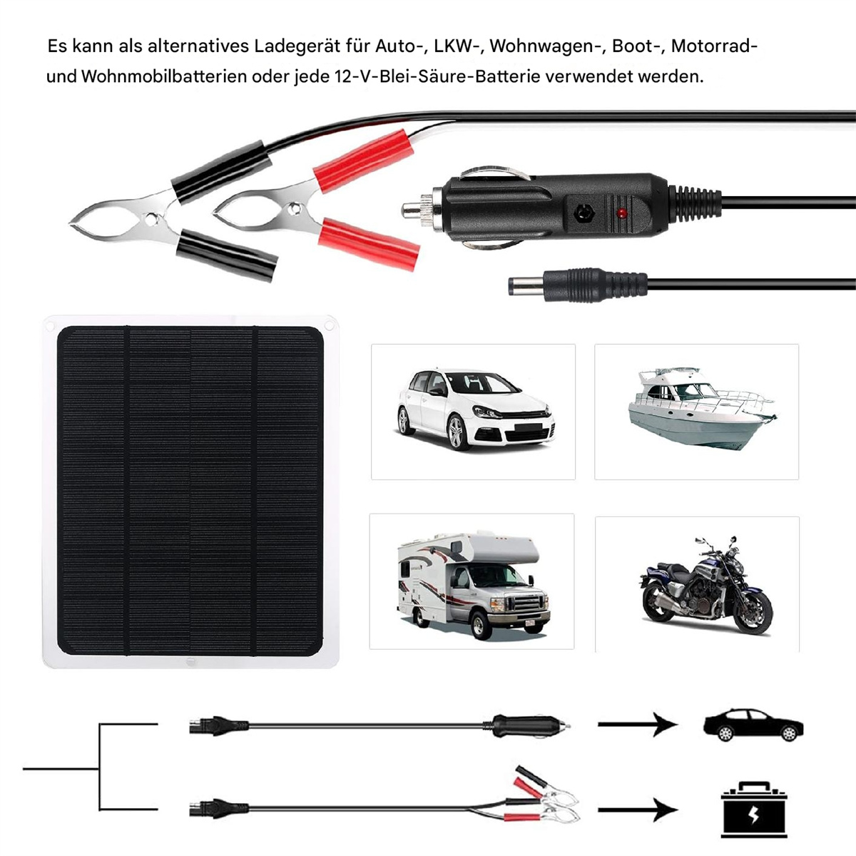 Solar-Ladegerät und Ladekabel für verschiedene Fahrzeuge und eine Batterie.