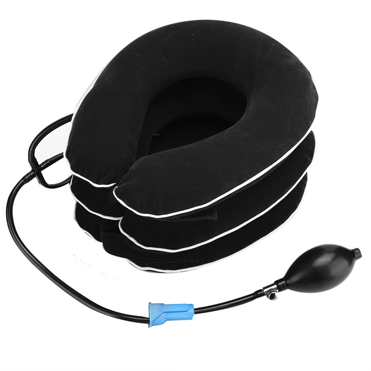 Schwarzes Nackentraktionsgerät mit Pumpe, weißer Zierleiste und blauem Anschluss.