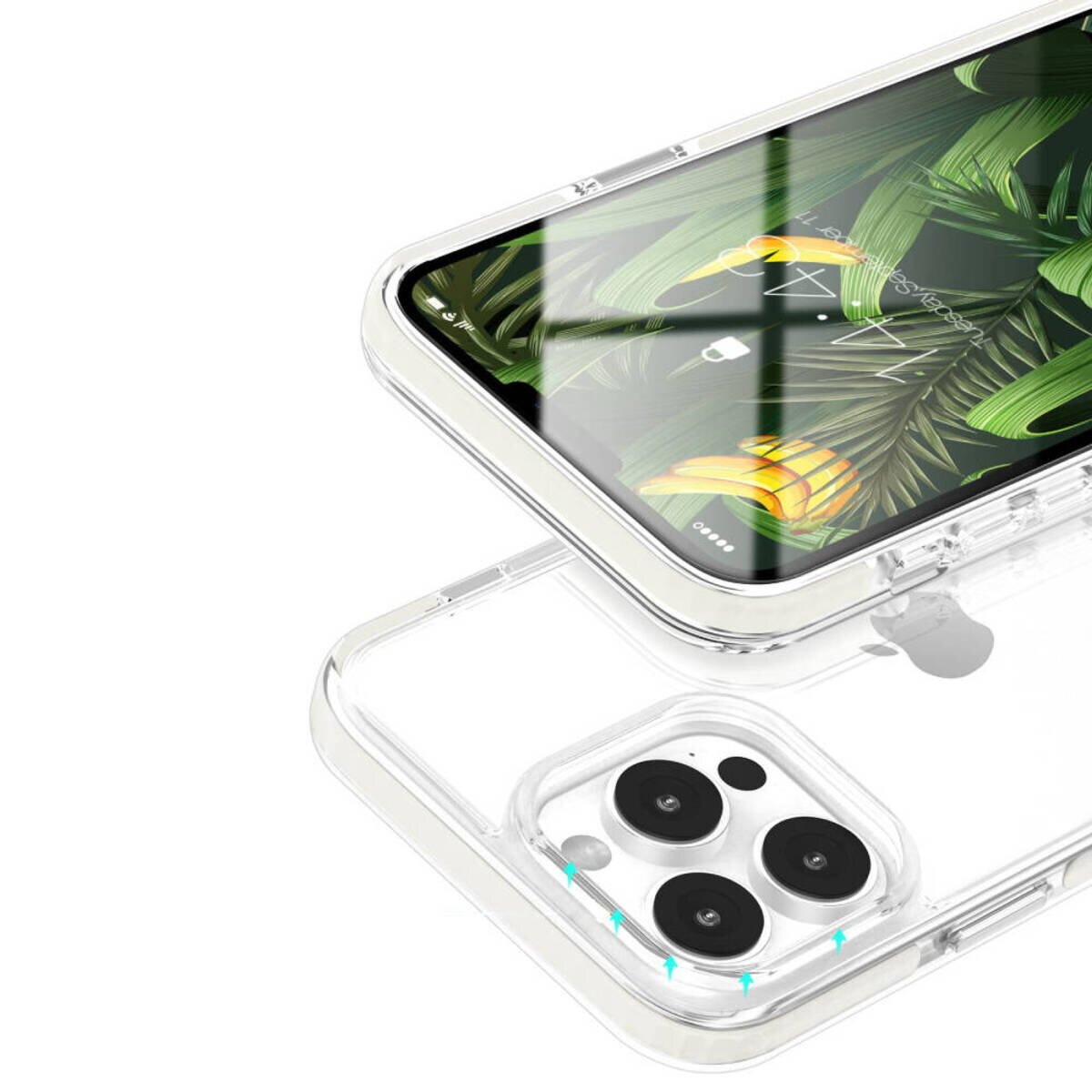 Eine transparente Handyhülle mit einem Telefon darin. Das Telefon zeigt einen grünen Blätterhintergrund.