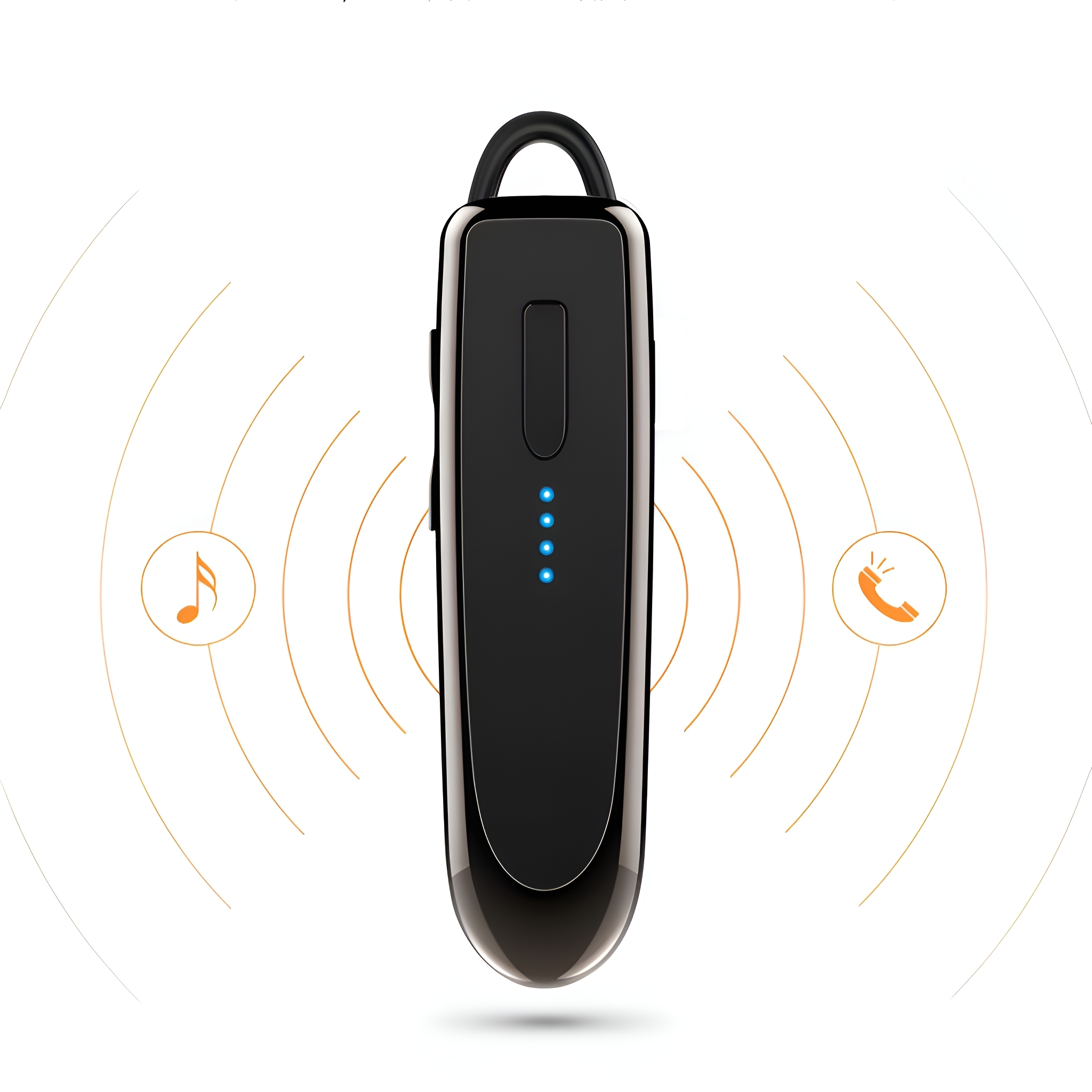 Ein schwarzes Bluetooth-Headset mit Funktionssymbolen und einem kreisförmigen Wellendesign, das davon ausgeht.