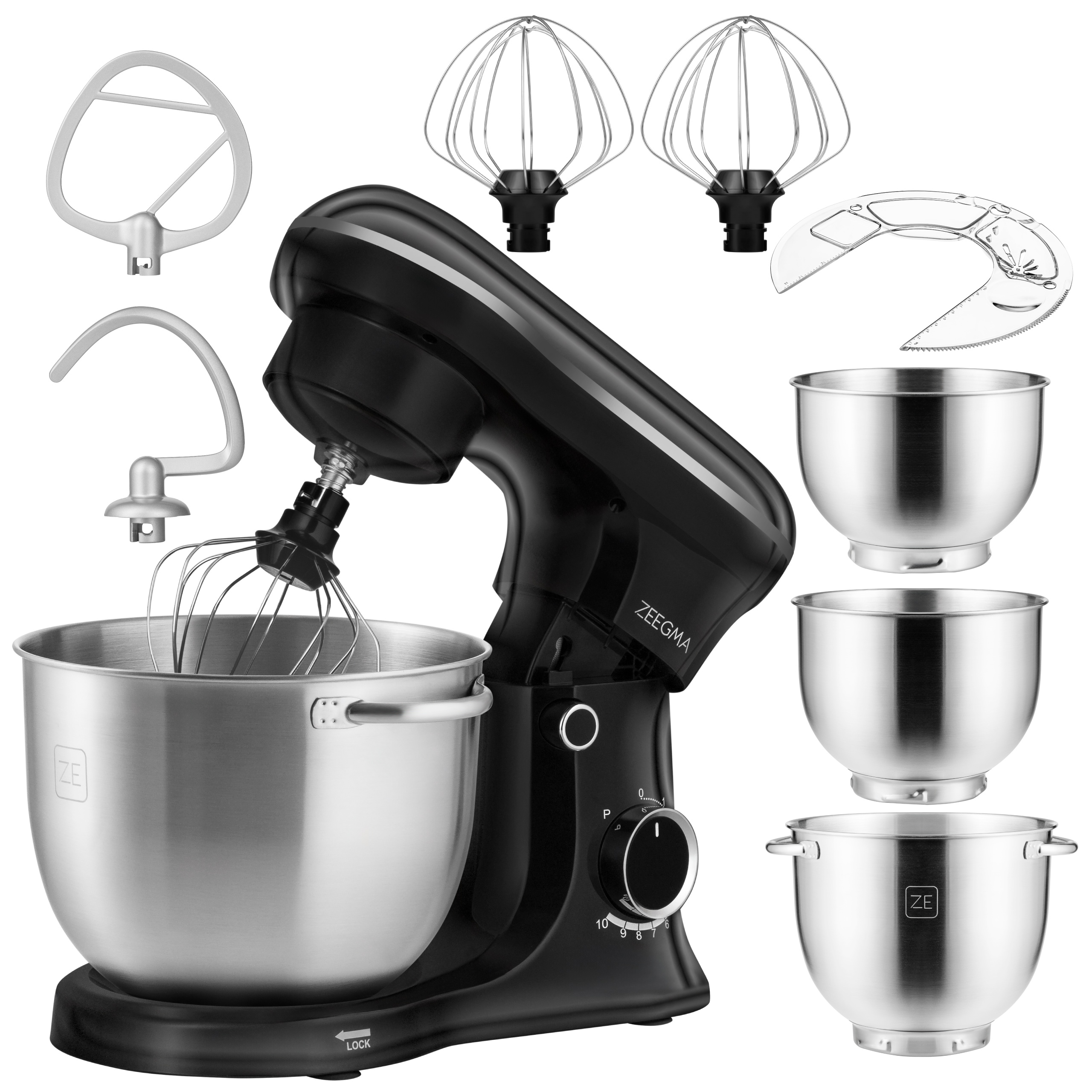 Czarny mikser kuchenny Zeegma z wieloma przystawkami: trzepaczkami, hakiem do ciasta i miskami.