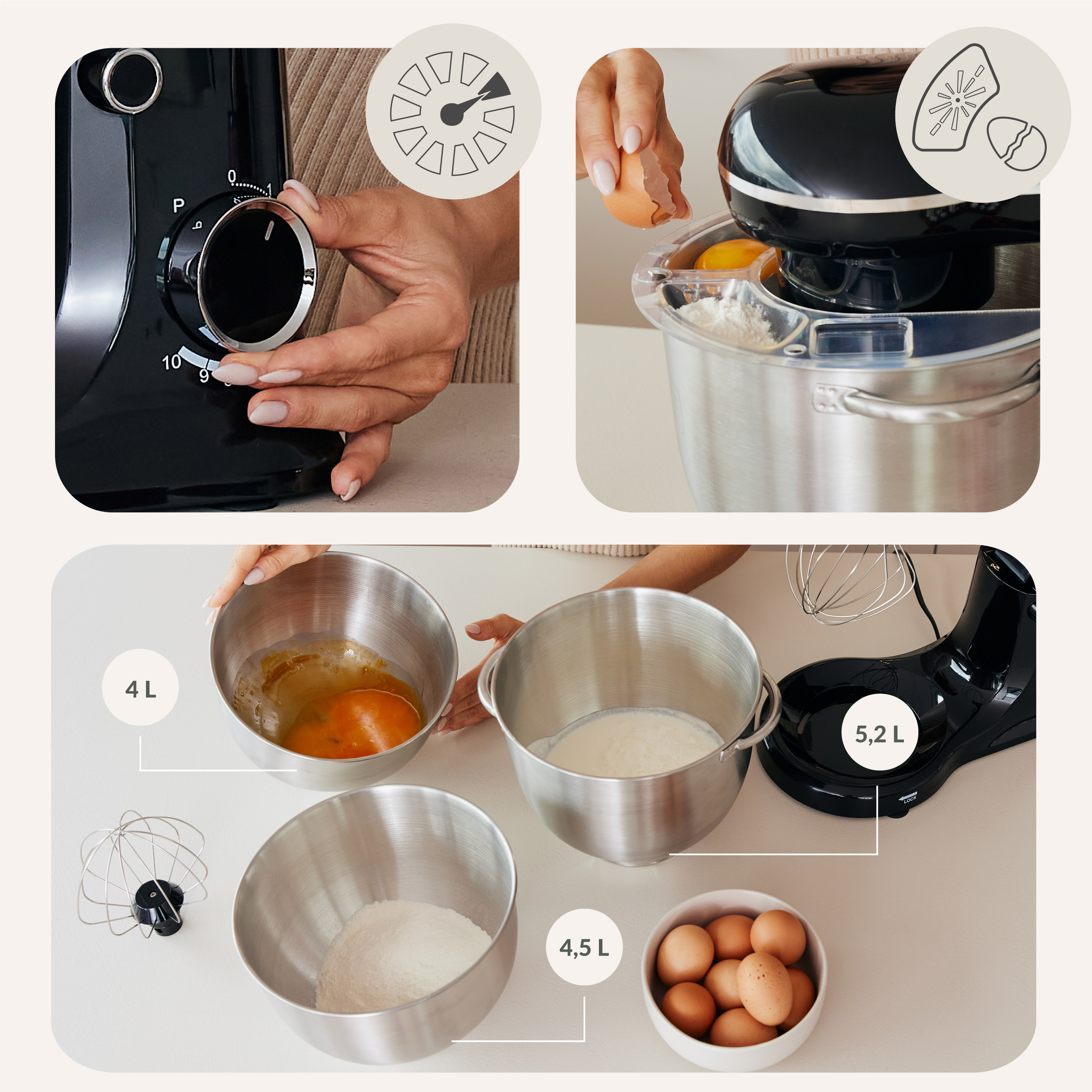 Części miksera kuchennego i składniki: miski, jajka, mąka, mleko i sam mikser.
