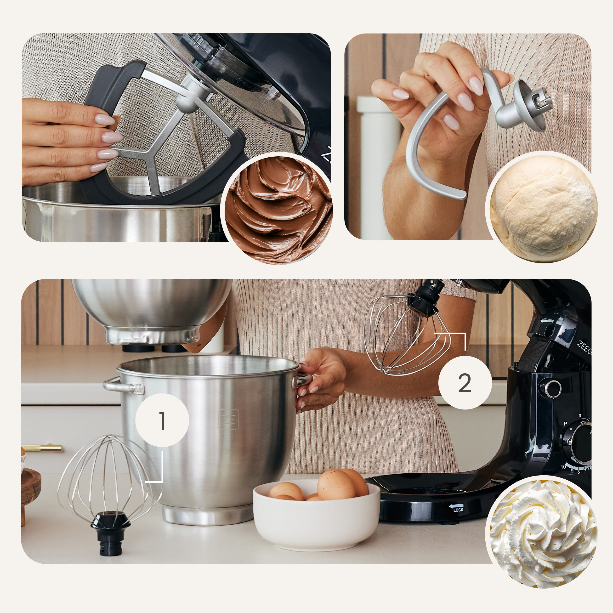 Czarny mikser stojący z komponentami i składnikami. Widoczne dłonie używające miksera.