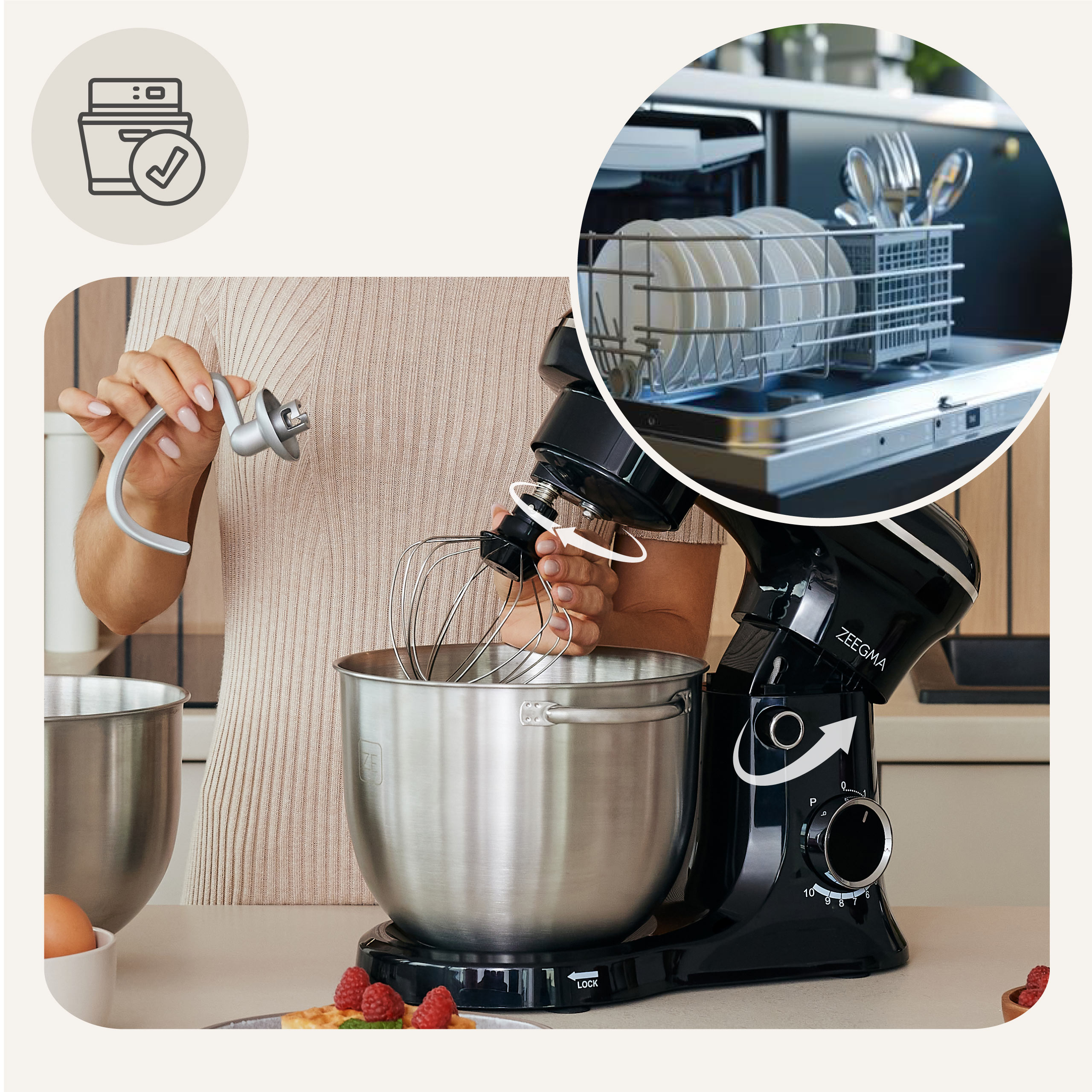 Kobieta używająca czarnego miksera stojącego ze srebrną misą. Zmywarka z czystymi naczyniami widoczna w tle.