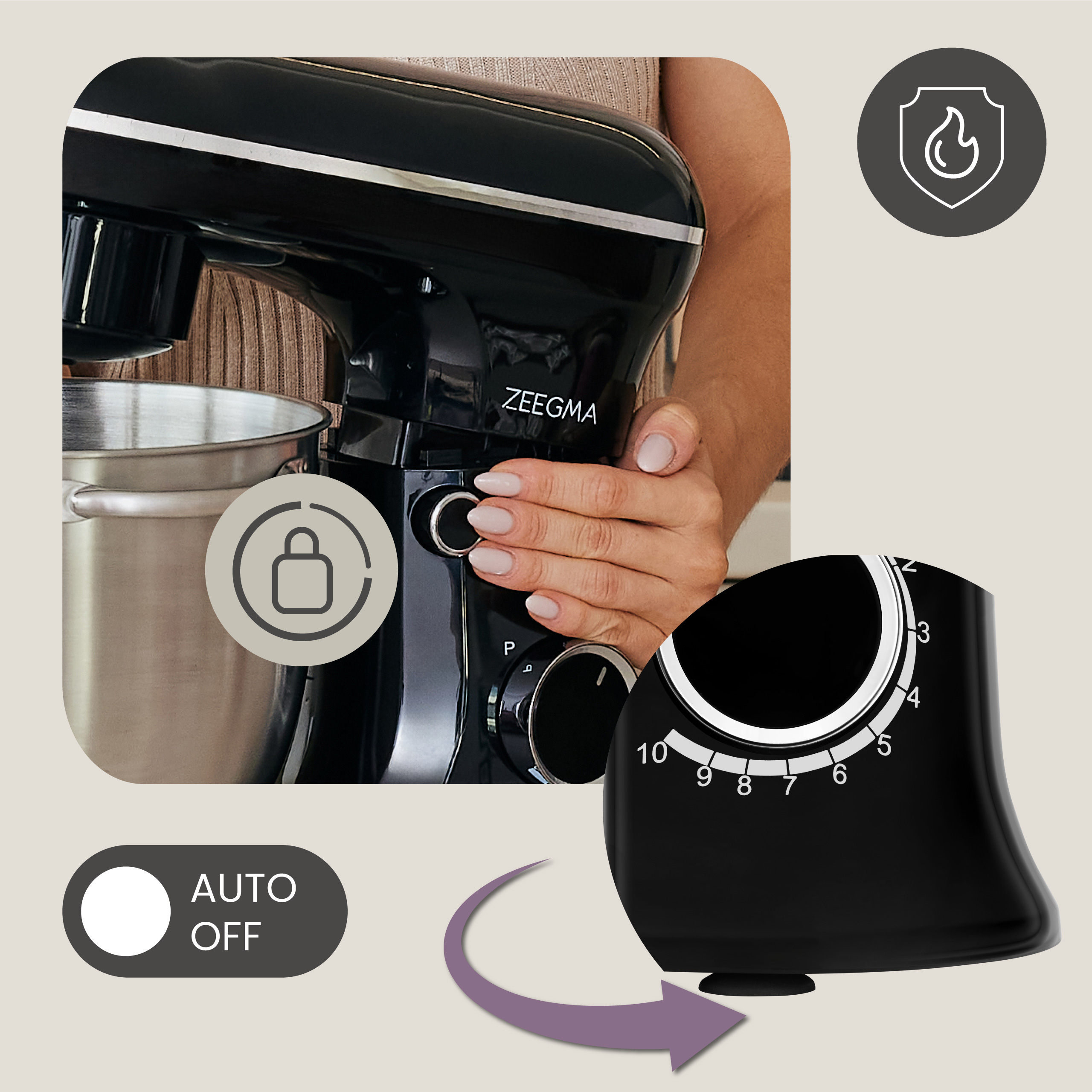 Czarny mikser kuchenny. Pokazano dłoń obok miksera. Pokazano automatyczne wyłączanie i obrotową tarczę.