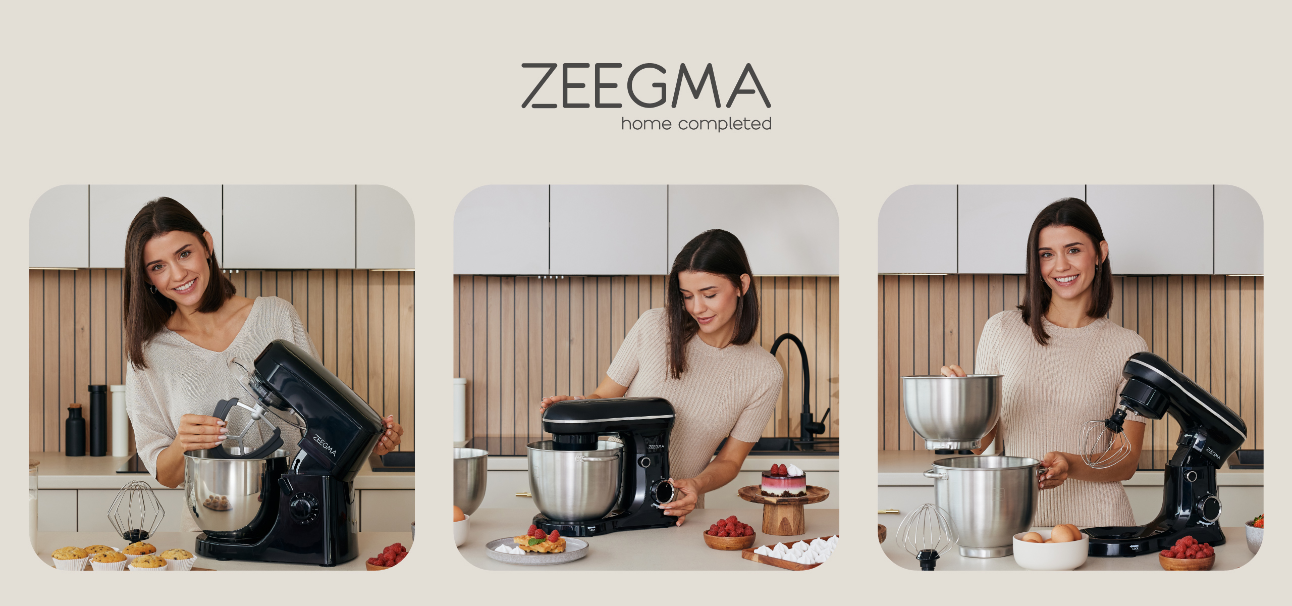 Kobieta używająca miksera kuchennego w trzech różnych etapach. Czarny mikser i srebrna miska. Scena pieczenia.