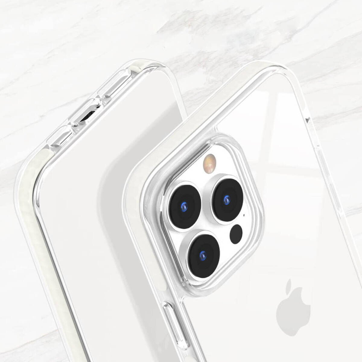 Zwei iPhone-Hüllen mit klarem Design, die die Kamera des Telefons zeigen.