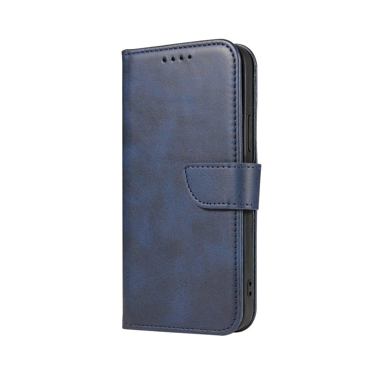 Blaues Leder-Handycase, geschlossen, mit Magnetverschluss. Der Hintergrund ist weiß.