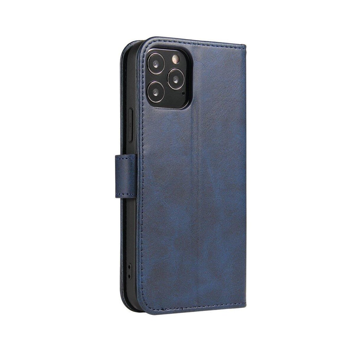 Blaues Leder-Handycase im Brieftaschen-Stil, geschlossen, mit Schnappverschluss.