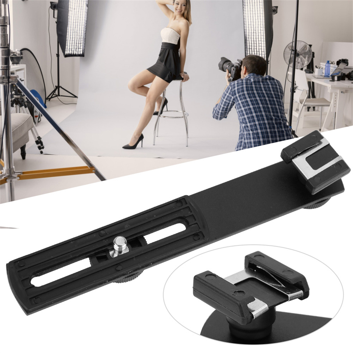 Eine schwarze Halterung mit Kamera und ein Model posiert im Studio.