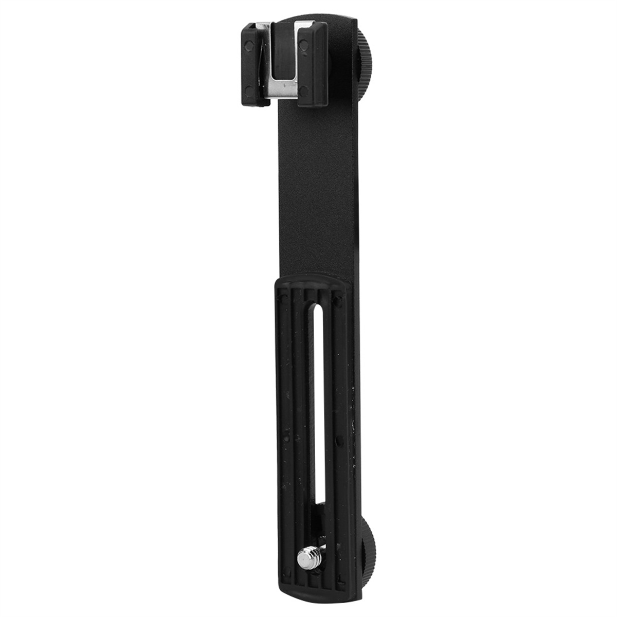 Eine schwarze Halterung für eine Kamera mit Befestigungspunkt und Einstellknöpfen. Lang und schmal.