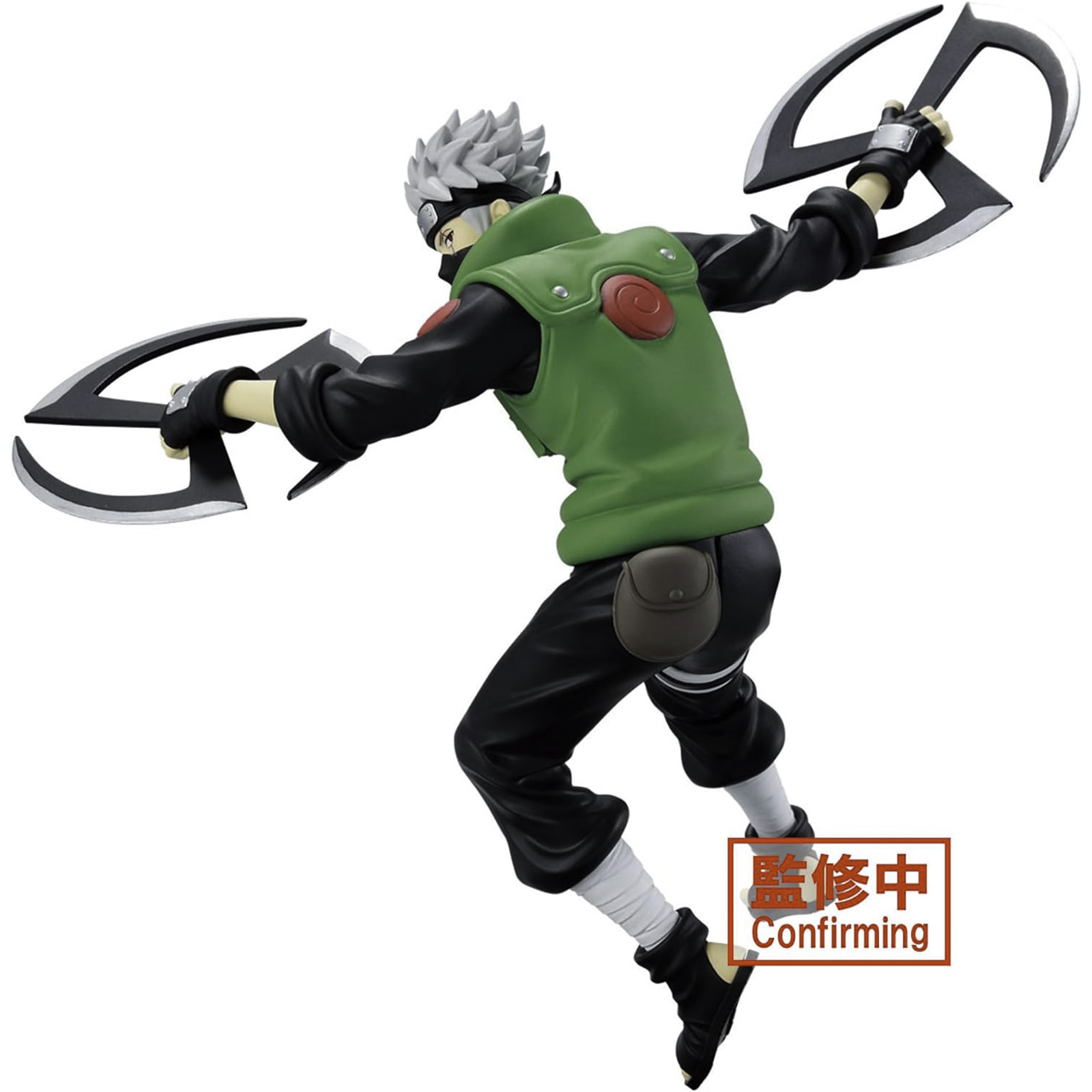 Una figura de un personaje con un atuendo verde sosteniendo dos grandes shurikens, con una etiqueta roja.