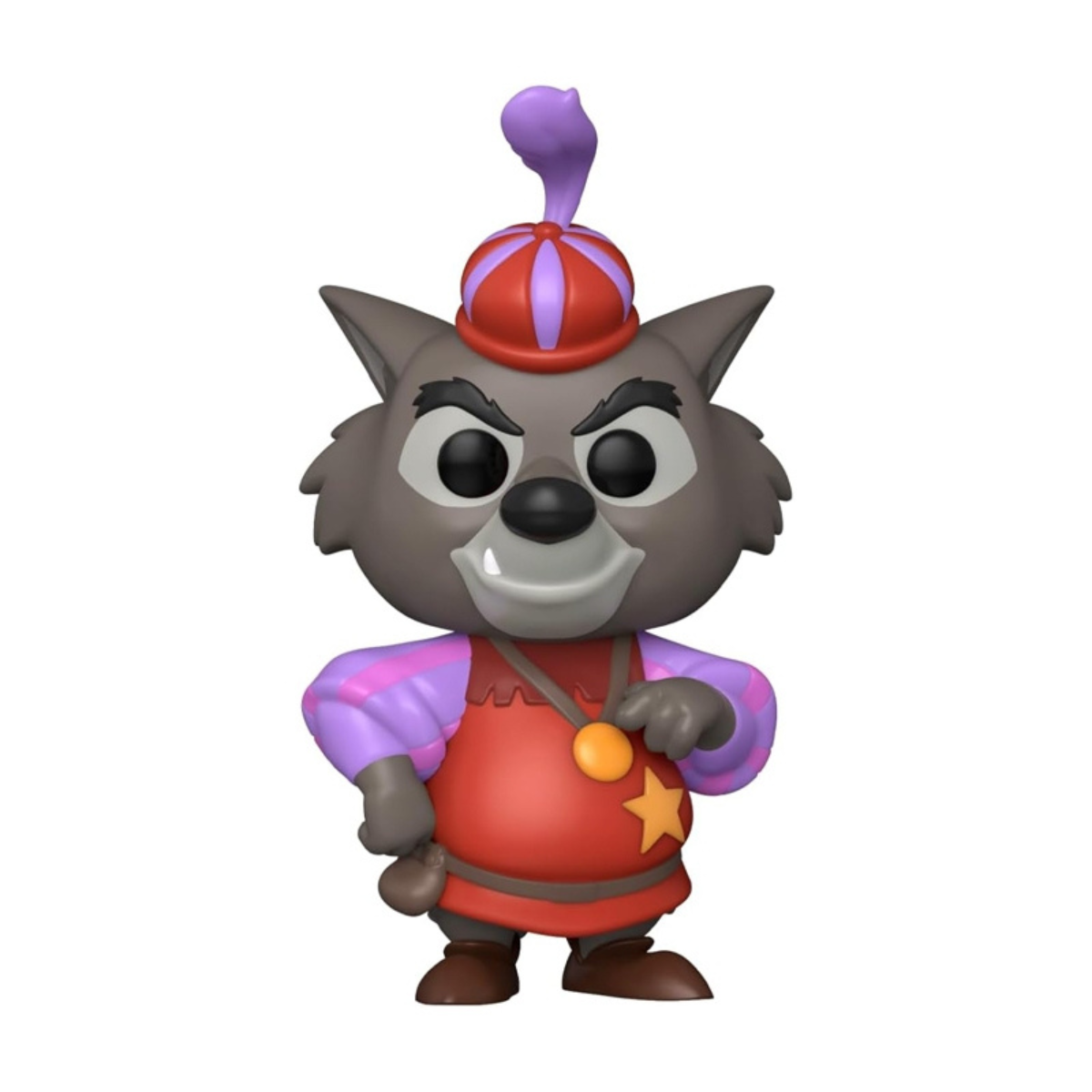 Figura Funko Pop di Frate Tuck da Robin Hood, con cappello rosso e stella d'oro.