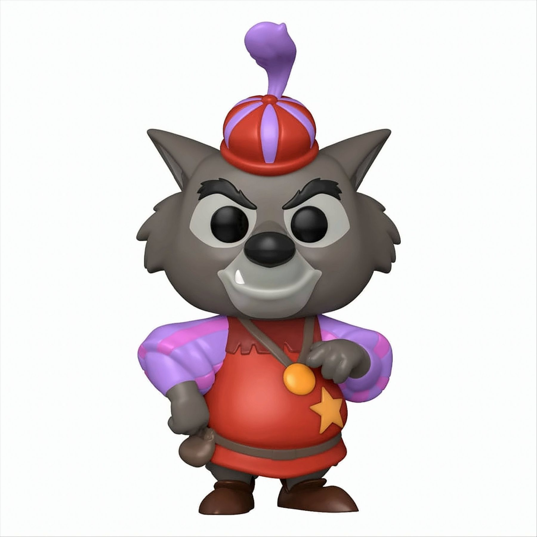 Personaggio giocattolo di Robin Hood. È un lupo grigio con cappello e completo rossi. È su sfondo bianco.