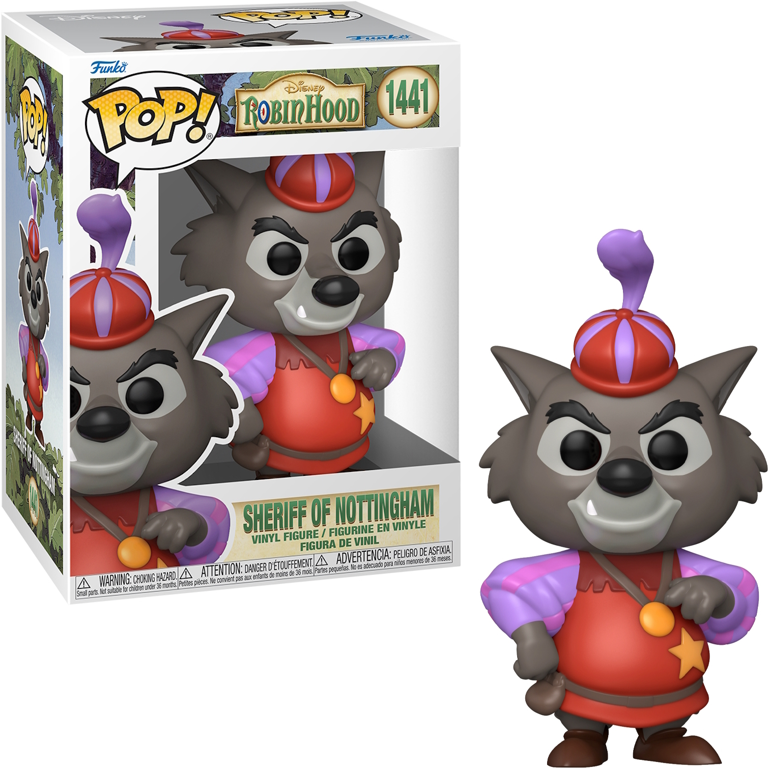 Figura Funko Pop! dello sceriffo di Nottingham da Robin Hood di Disney. Sfondo bianco.