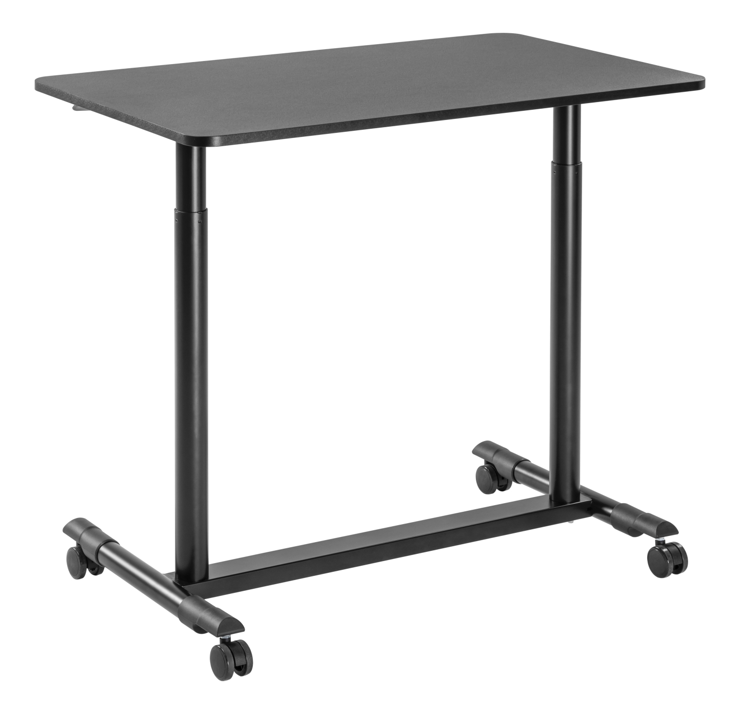Zwarte in hoogte verstelbare tafel op wielen, geschikt voor diverse doeleinden.