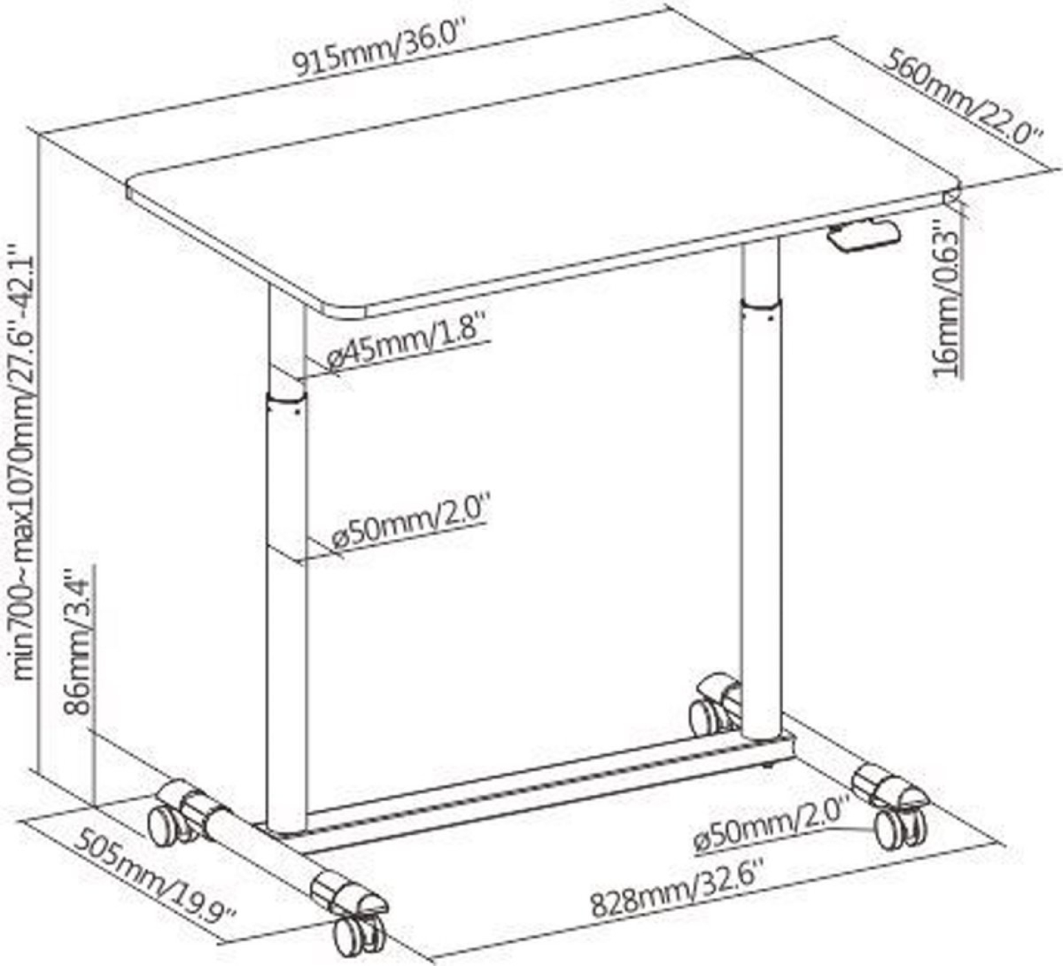 Een technische tekening van een in hoogte verstelbaar bureau. De afmetingen staan in millimeters en inches.