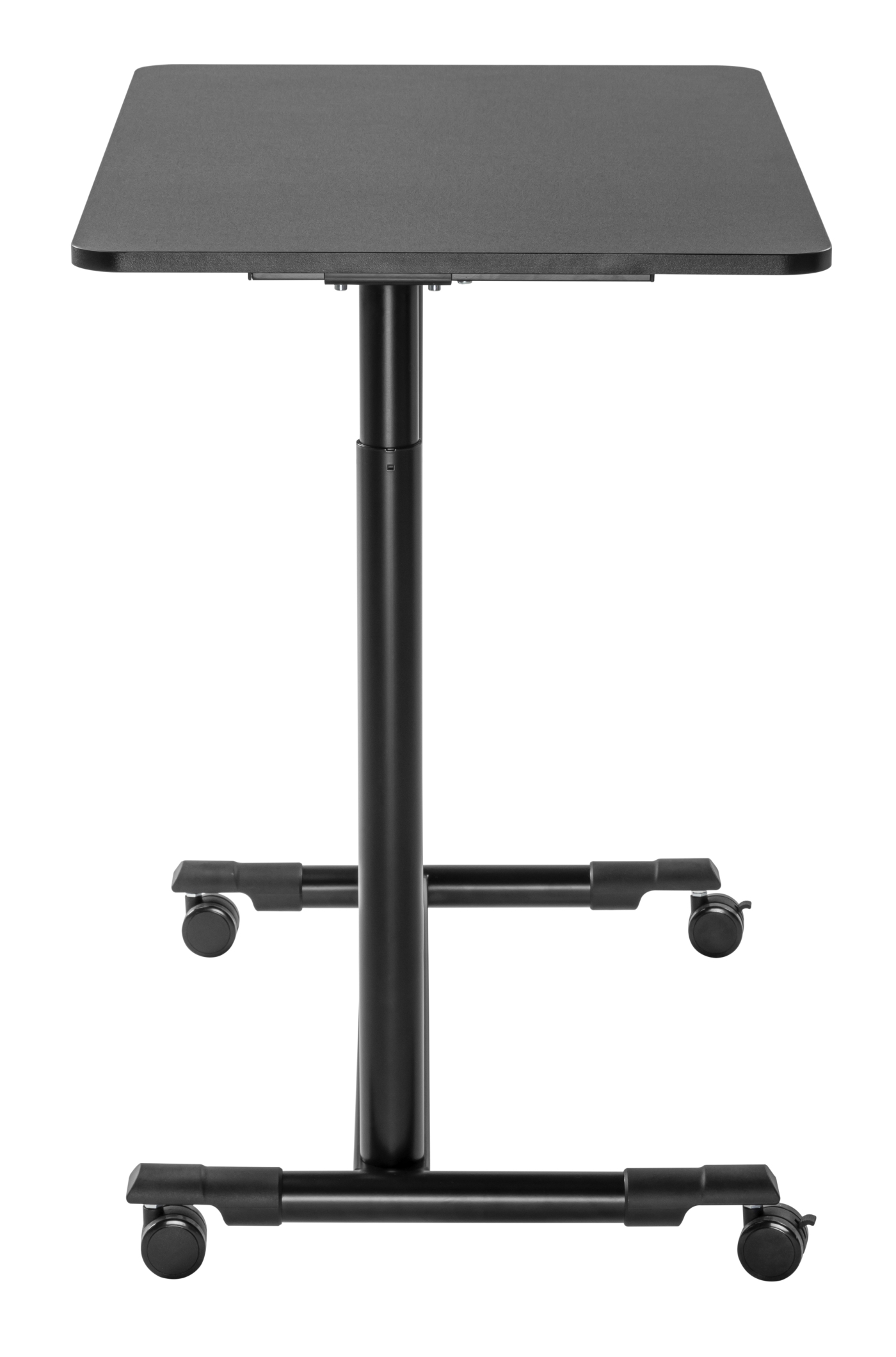 Zwarte, in hoogte verstelbare tafel op wielen, met een vierkant blad.