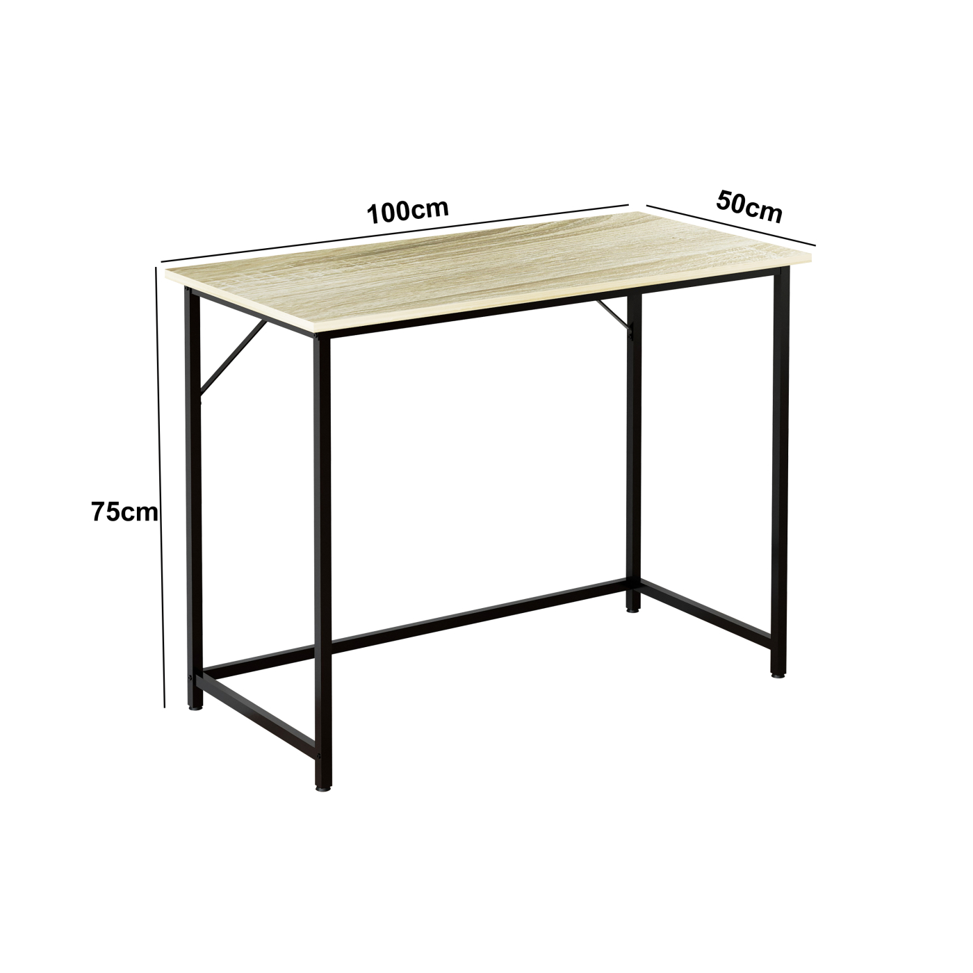 Ein Holztisch mit schwarzen Beinen. Abmessungen sind angegeben: 100 cm x 50 cm x 75 cm. Weißer Hintergrund.