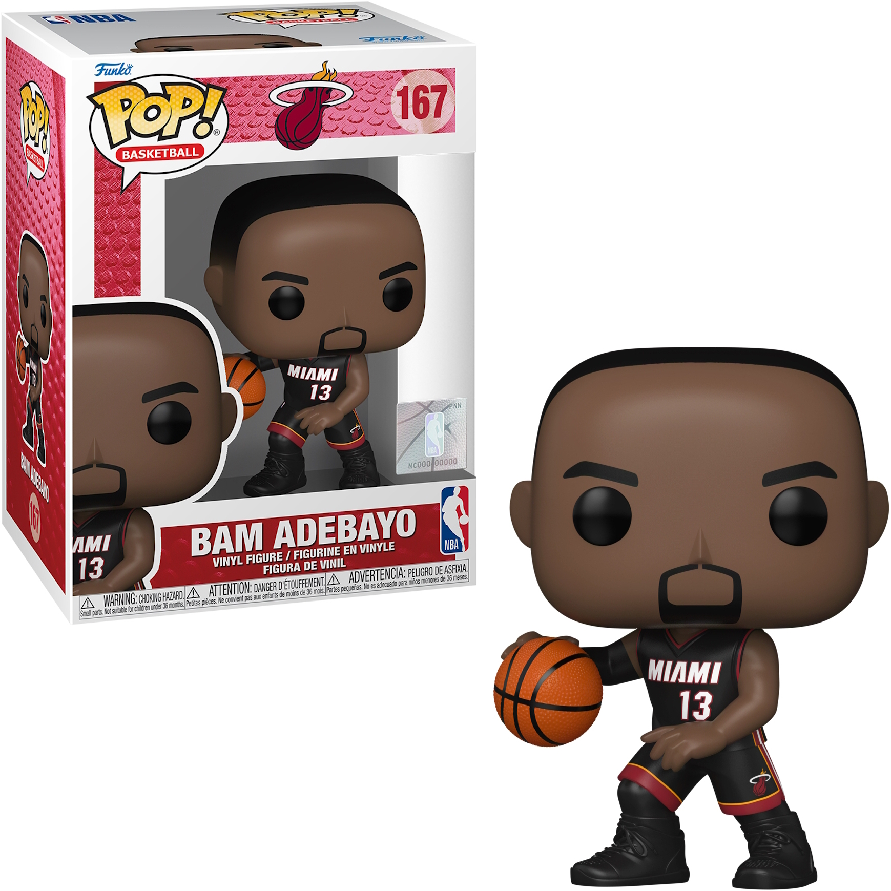 Figura Funko Pop di Bam Adebayo in uniforme Miami Heat, con un pallone da basket. Imballaggio visibile.