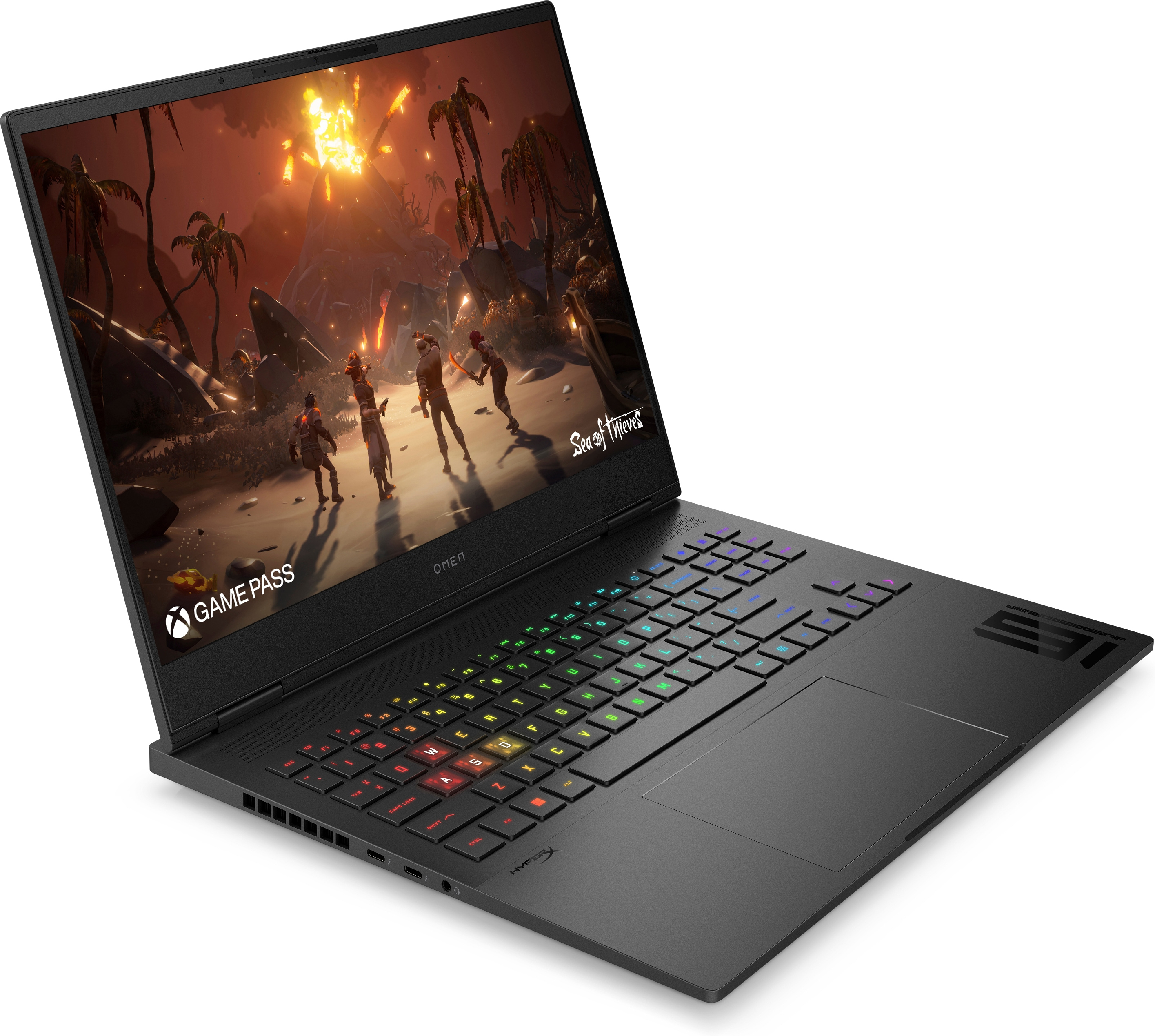 Laptop nero con tastiera colorata. Lo schermo mostra un videogioco.