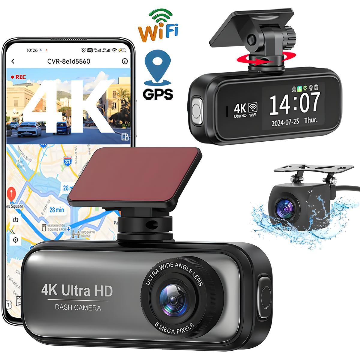 Dashcam-Set. Enthält einen Telefonbildschirm mit Karte und drei Dashcams mit WLAN, GPS und 4K Ultra HD.