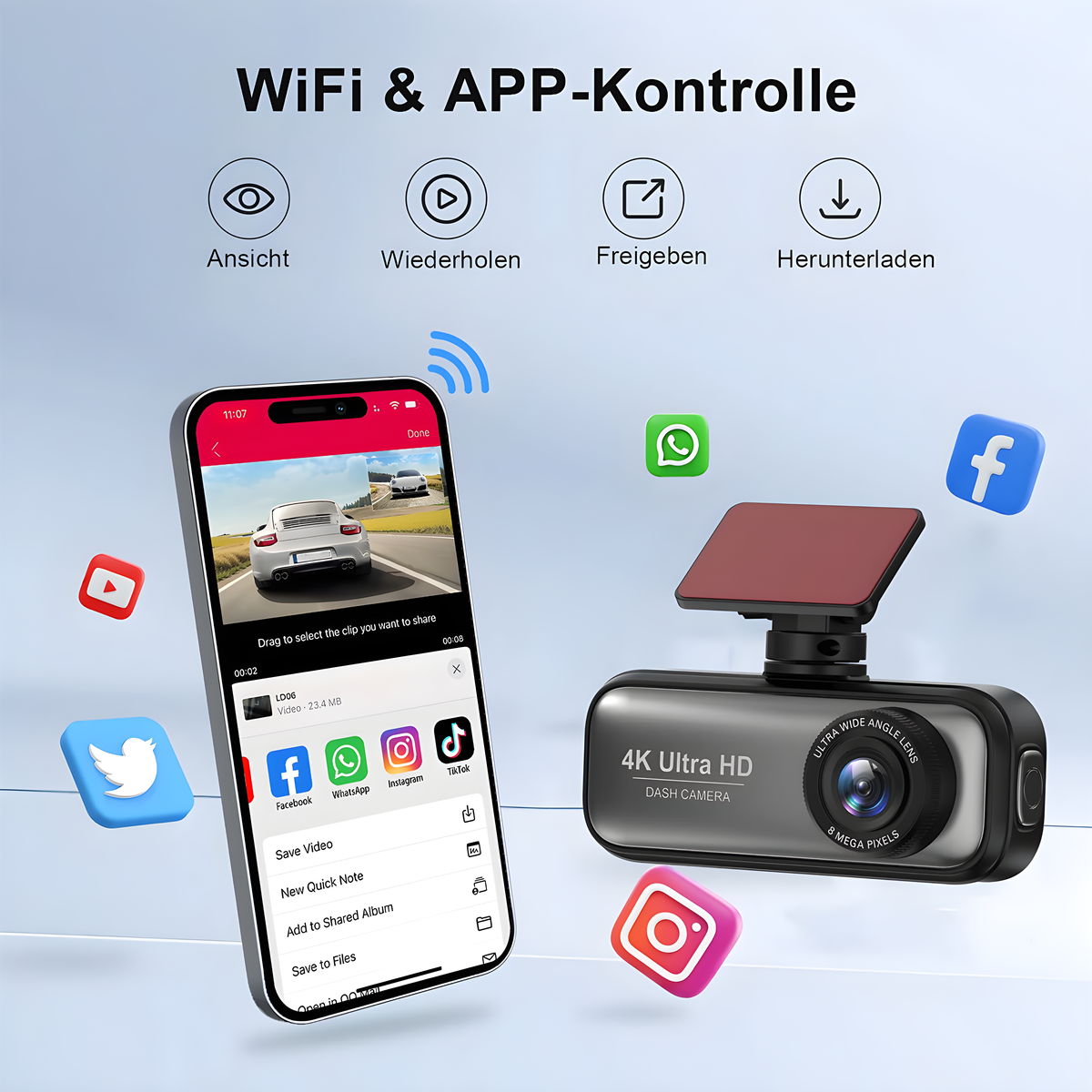 Eine Smartphone-Oberfläche zeigt eine Dashcam-Aufnahme und Social-Media-Symbole.