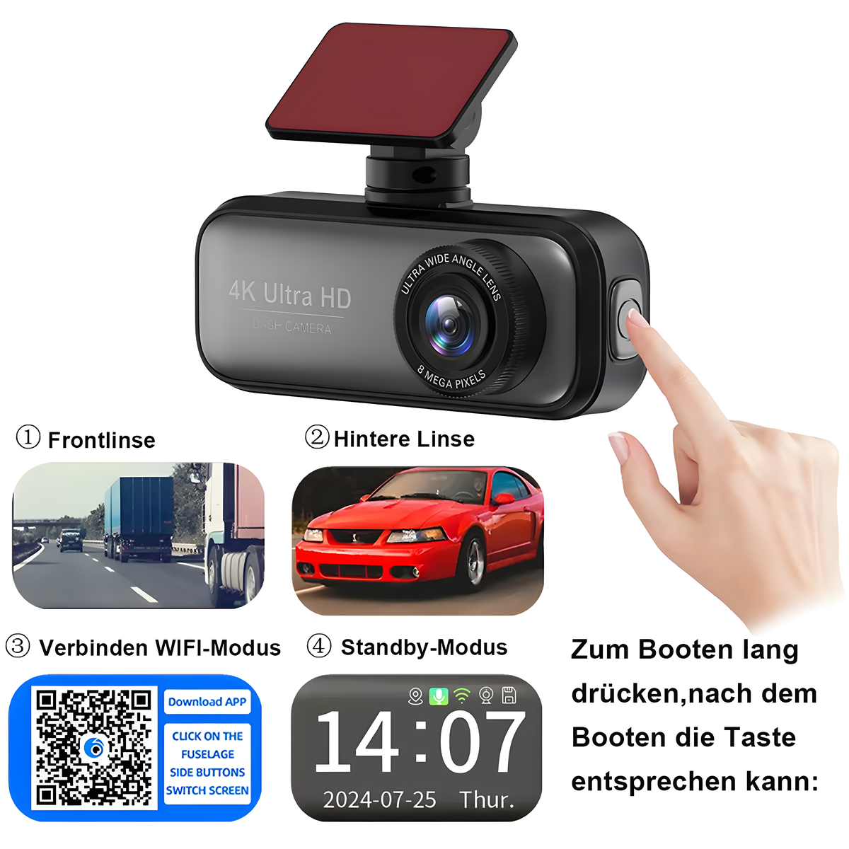 Eine Dashcam mit Bildern und Text auf Deutsch. Eine Hand zeigt auf einen Knopf.