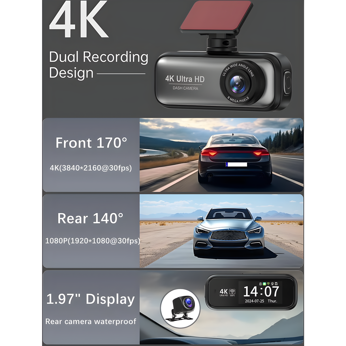Dashcam mit 4K-Auflösung, Anzeige von Front-, Heckansicht und 1,97" Display mit Uhrzeit und Datum.