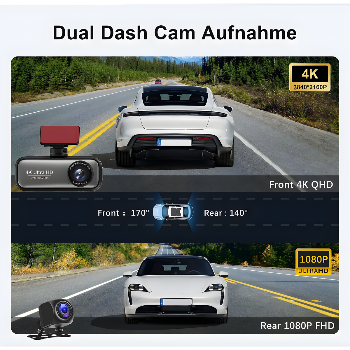 Dual Dash Cam mit Blick auf die Straße und ein Auto.