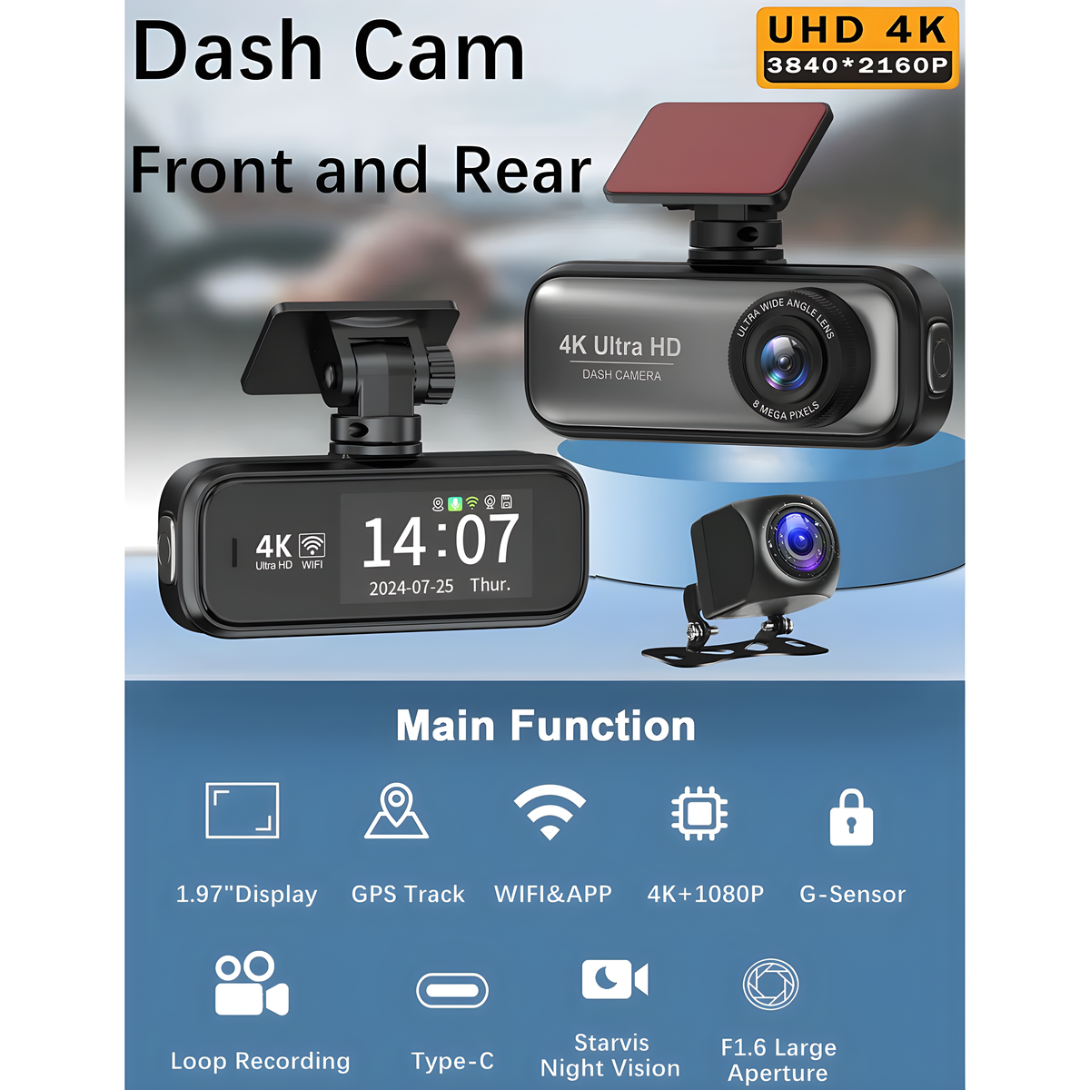 Dashcam mit Front- und Rückkamera, zeigt Hauptfunktionen und Features.