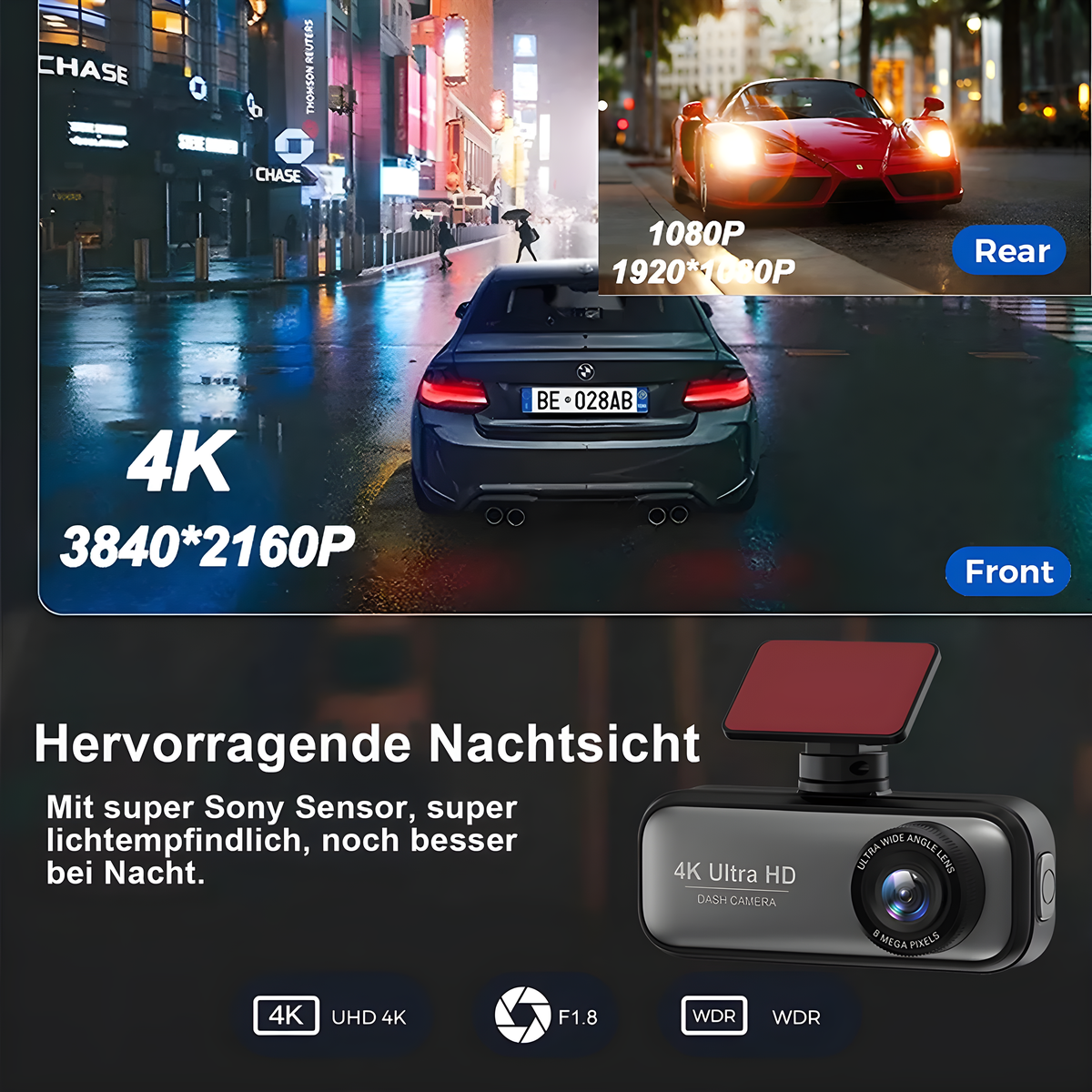 Dashcam, die eine Vorder- und Rückansicht eines Autos auf einer Stadtstraße bei Nacht zeigt.