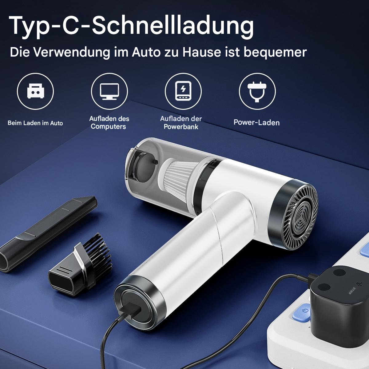 Ein weißer und schwarzer Handstaubsauger mit Aufsätzen und einem Netzteil.