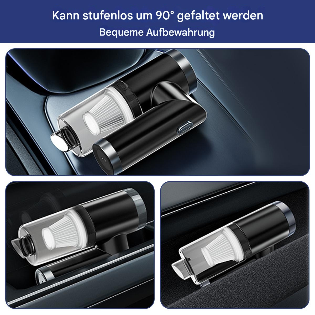 Schwarzer und klarer Mini-Staubsauger in verschiedenen Positionen, mit Text zum Falten.