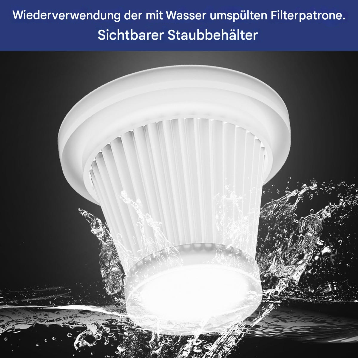 Ein weißer Filter wird gereinigt. Wasser spritzt um ihn herum, vor einem dunklen Hintergrund.