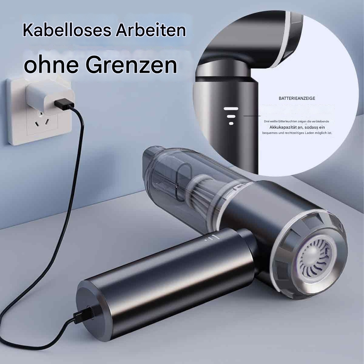 Kabelloser Staubsauger wird geladen. Zeigt eine Ladestation und den Staubsauger.