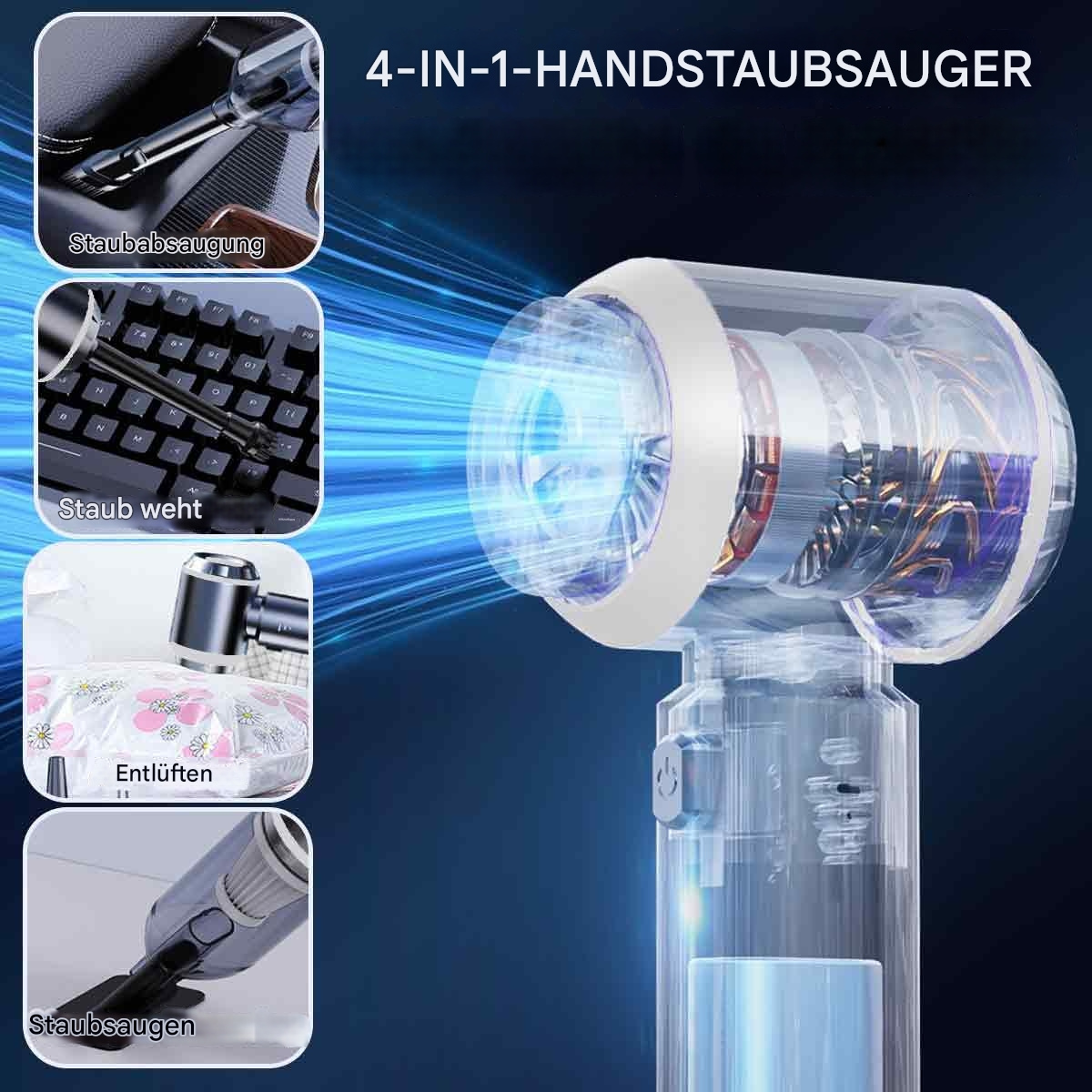 4-in-1-Handstaubsauger. Verschiedene Anwendungen gezeigt. Klare Sicht auf das Innenleben der Maschine.