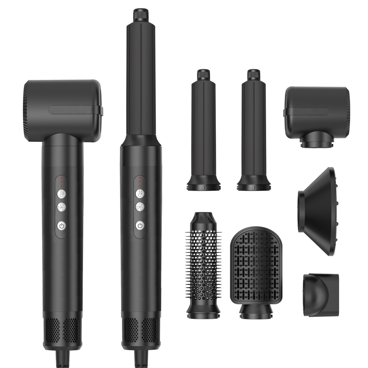 Schwarze Haarstyling-Werkzeuge, darunter ein Haartrockner und mehrere Aufsätze für verschiedene Styling-Bedürfnisse.