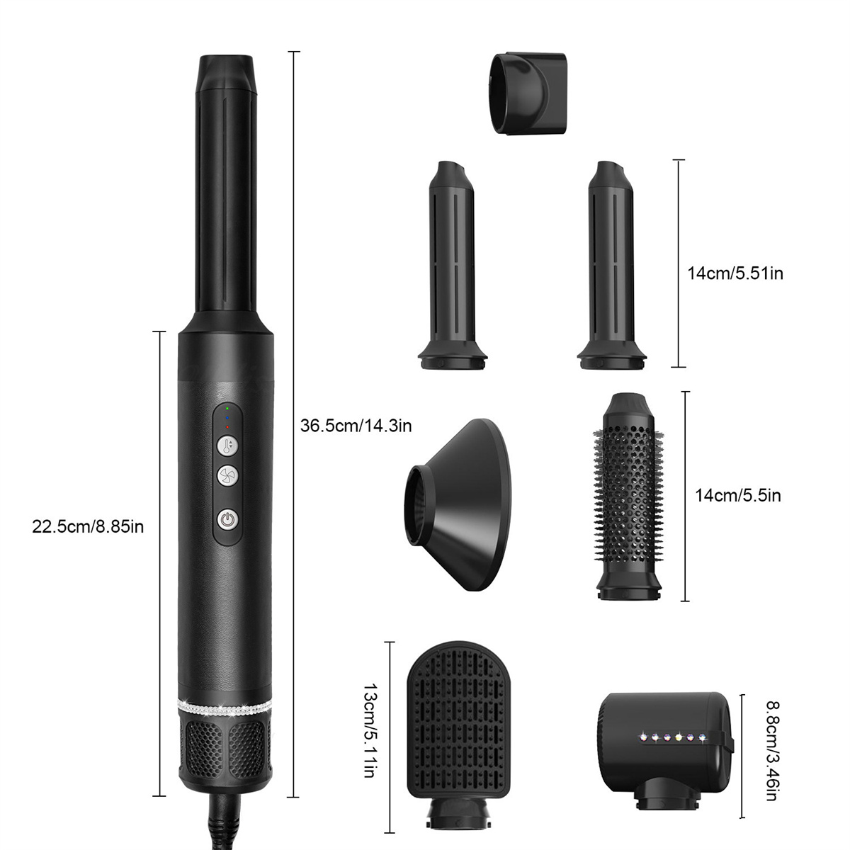 Ein schwarzer multifunktionaler Haarstyler mit Aufsätzen. Er hat eine Vielzahl von Düsen und ein digitales Display.