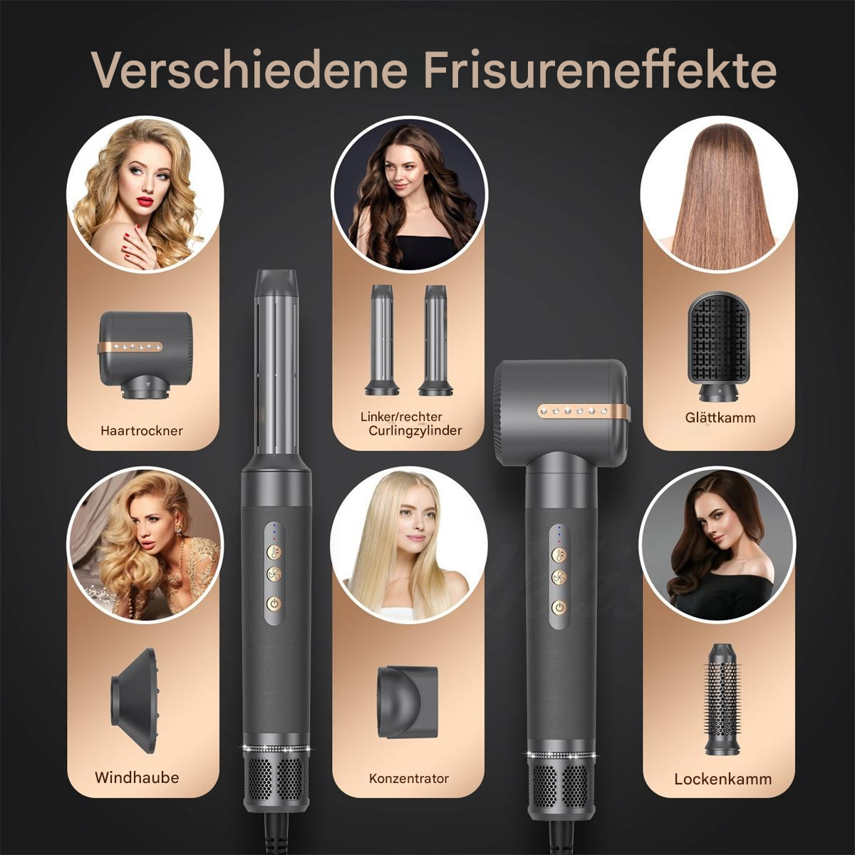 Frisur-Styling-Werkzeuge und verschiedene Frisuren werden gezeigt, darunter ein Fön, Lockenstäbe und ein Kamm.