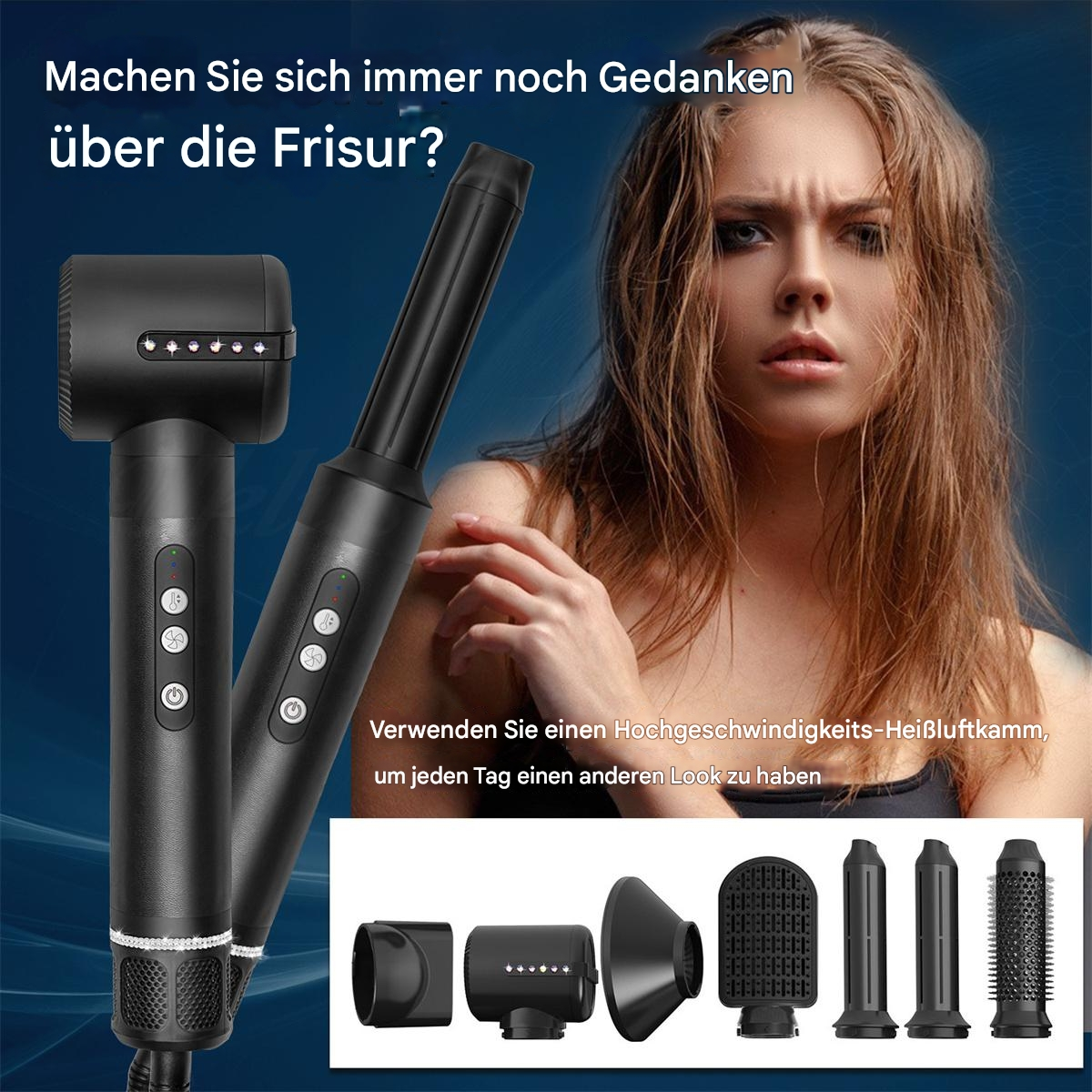 Besorgte Frau mit schwarzem Haartrockner und Aufsätzen daneben.