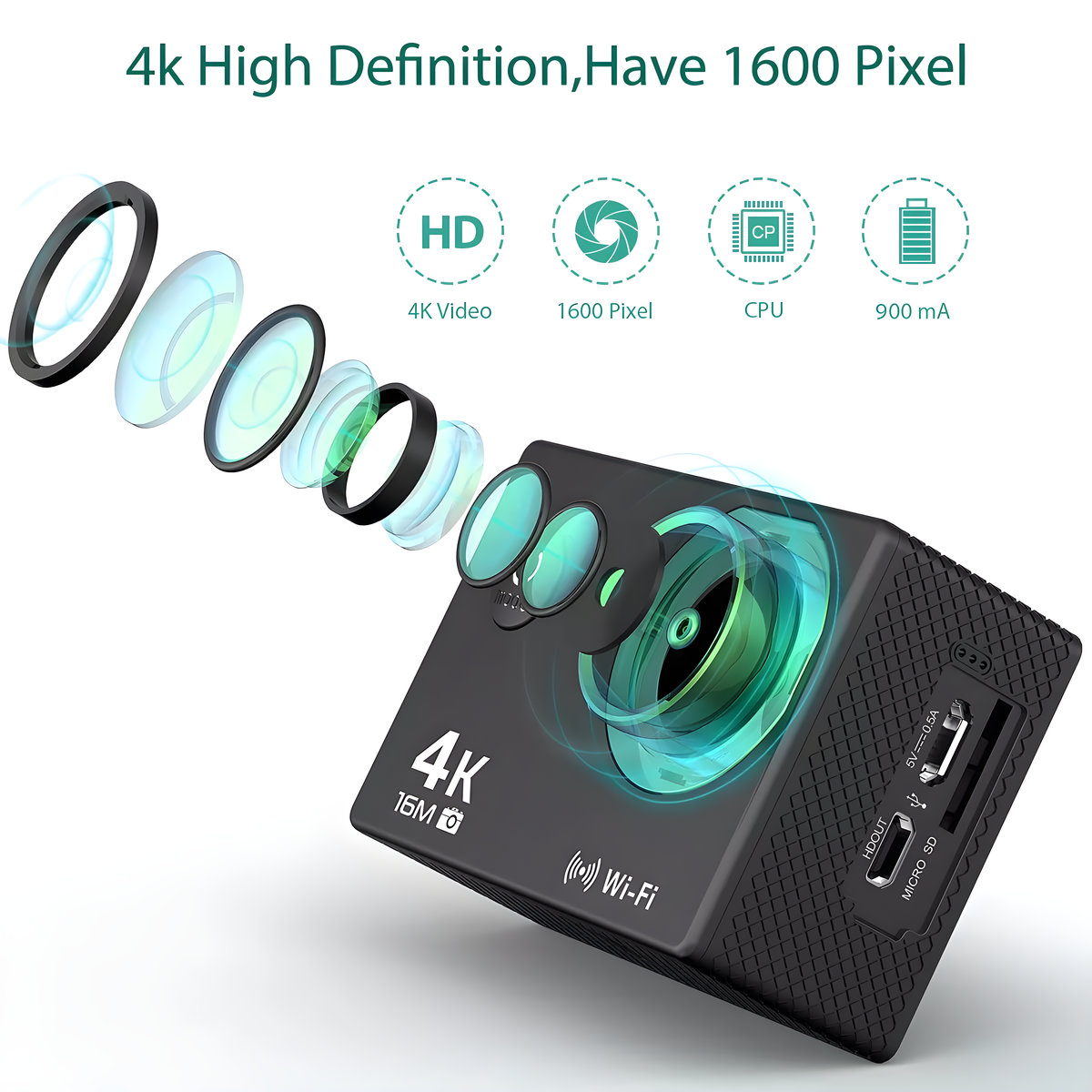 Eine schwarze Action-Kamera mit 4K- und Wi-Fi-Etiketten. Sie hat ein Objektiv und mehrere schwebende Elemente.
